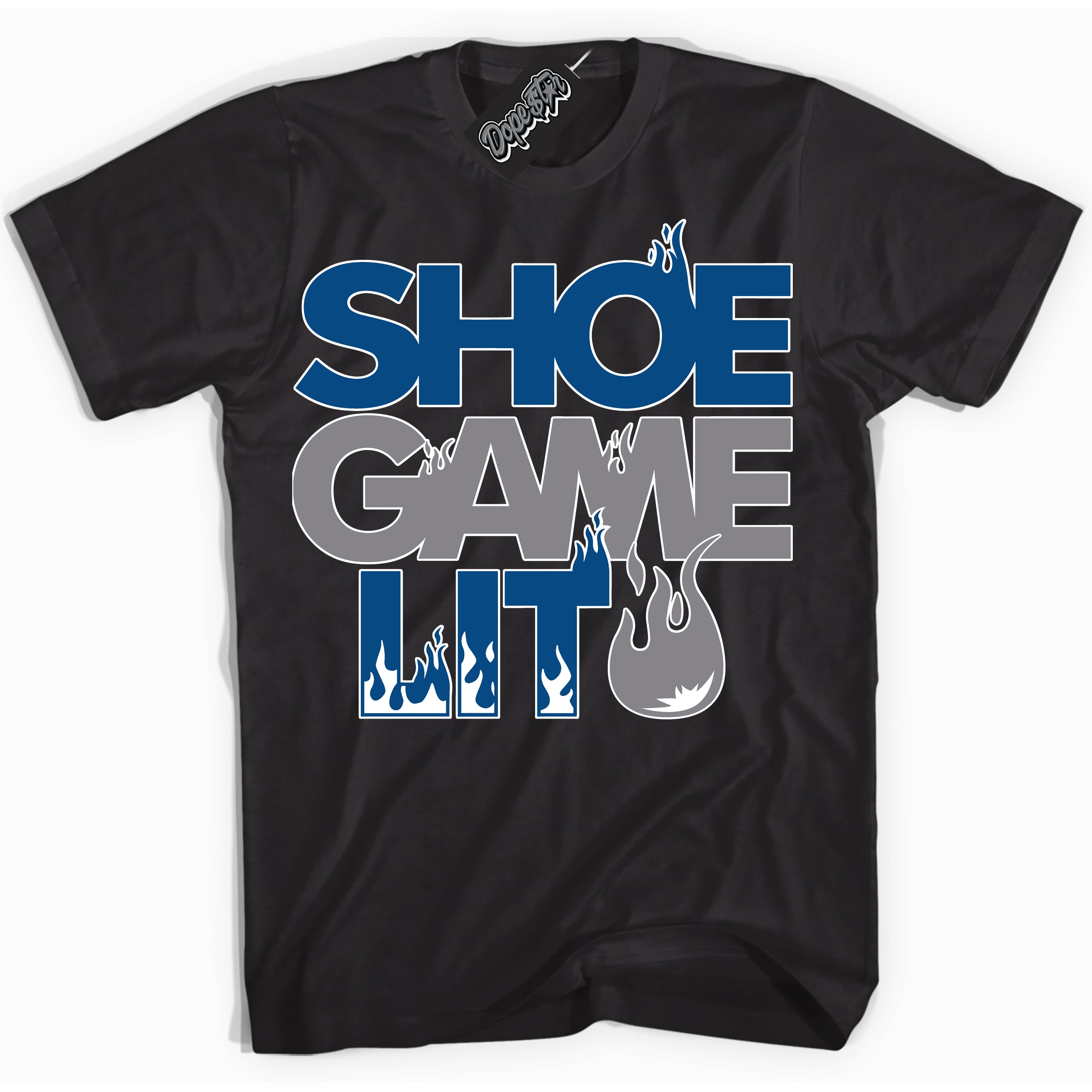 Cool Black Shirt with “ Shoe Game Lit ” design that perfectly matches Mid True Blue 1s Sneakers.