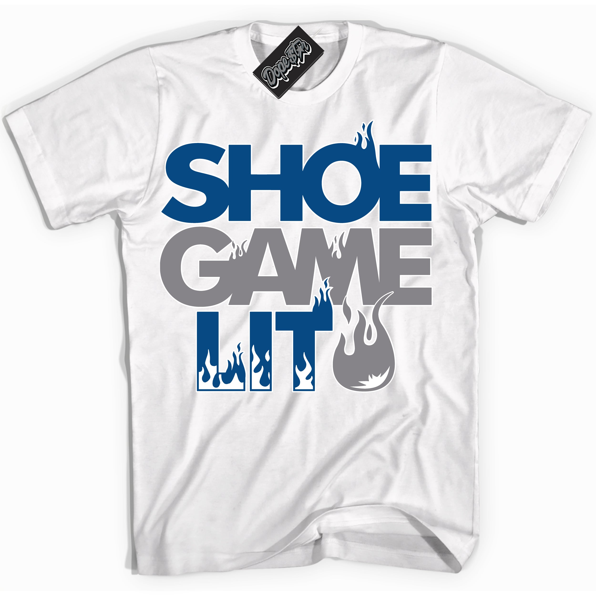 Cool White Shirt with “ Shoe Game Lit ” design that perfectly matches Mid True Blue 1s Sneakers.