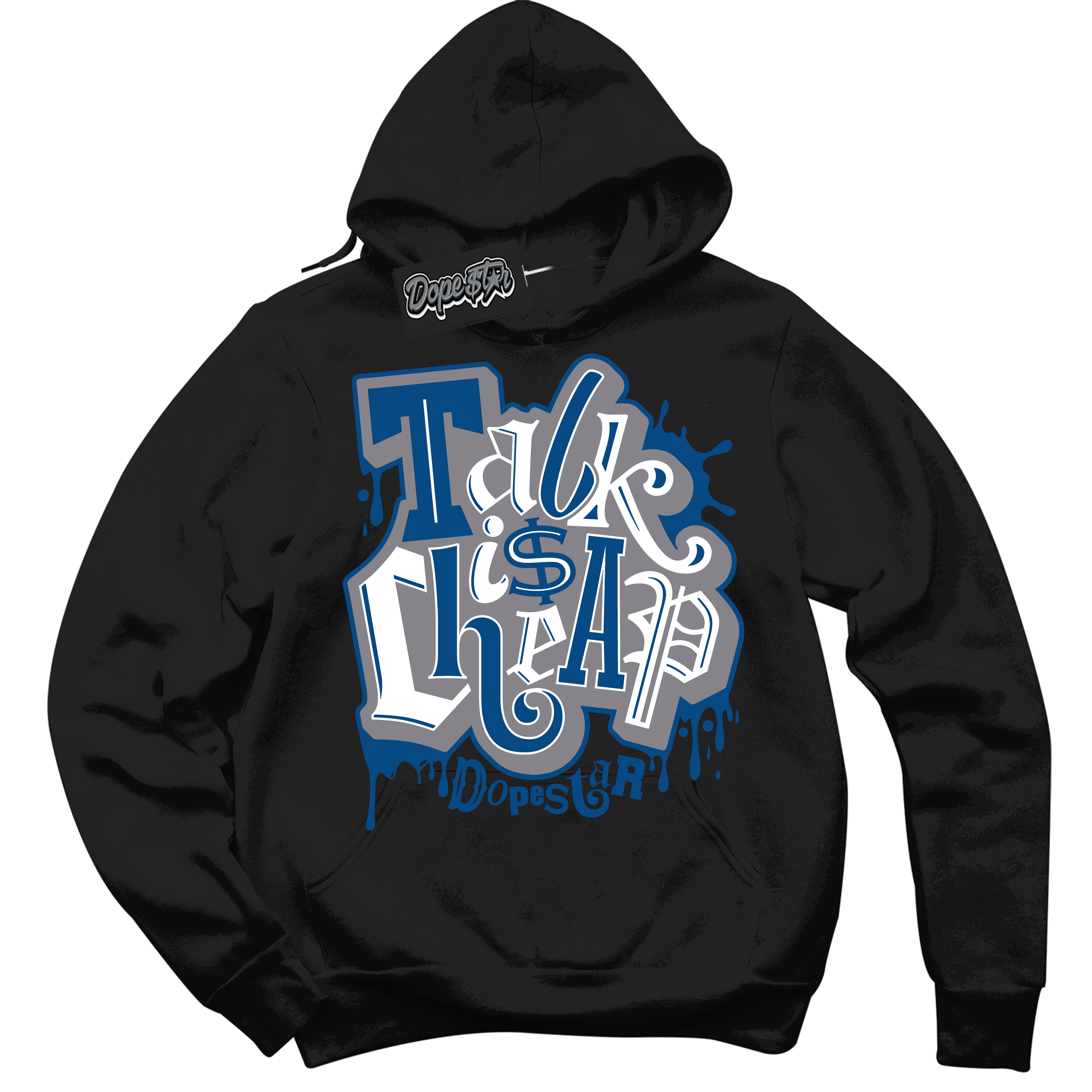 Cool Black Hoodie with “ Talk Is Cheap ”  design that Perfectly Matches Mid True Blue 1s Sneakers.