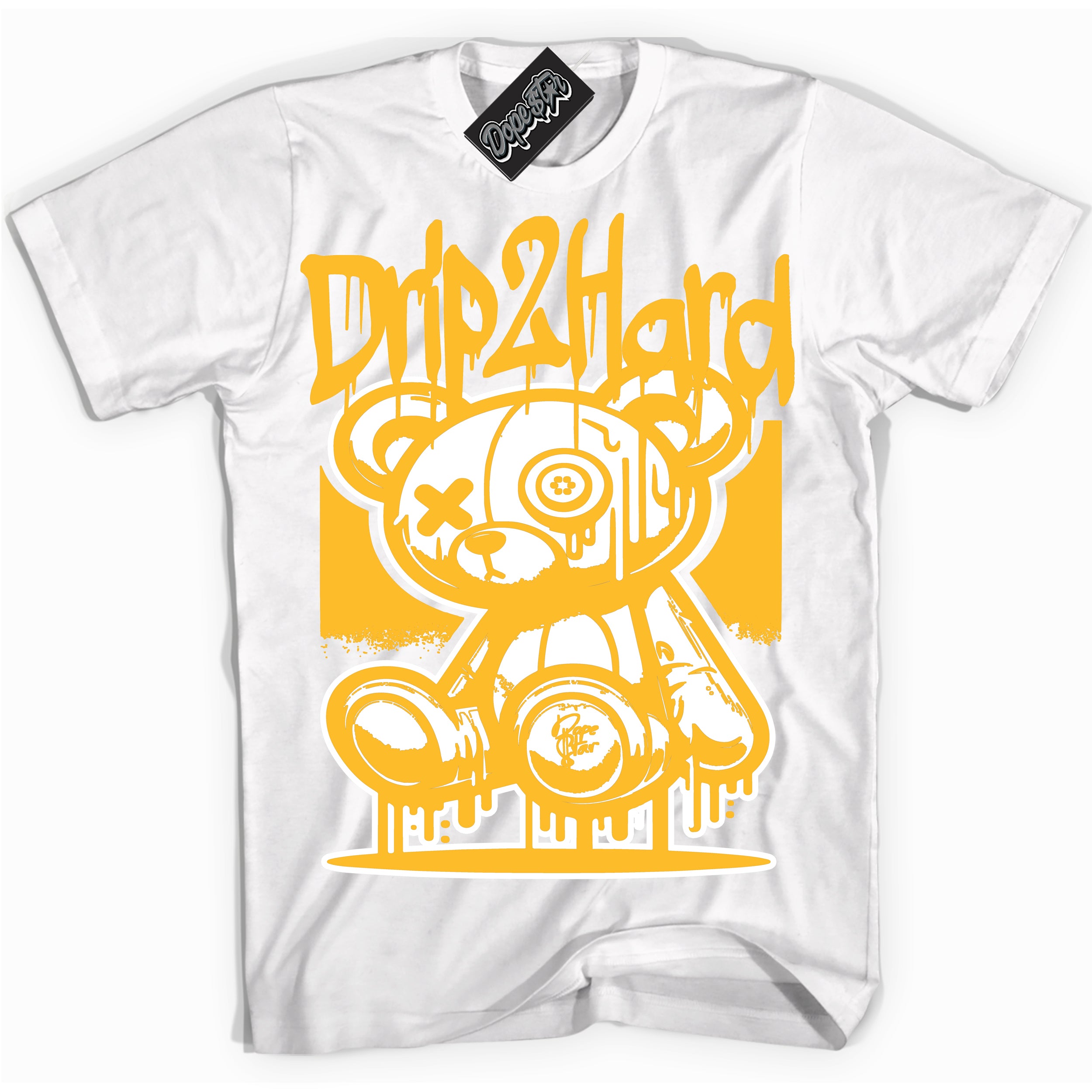 Cool White graphic tee with “ Drip 2 Hard ” design, that perfectly matches Mid University Gold 1s