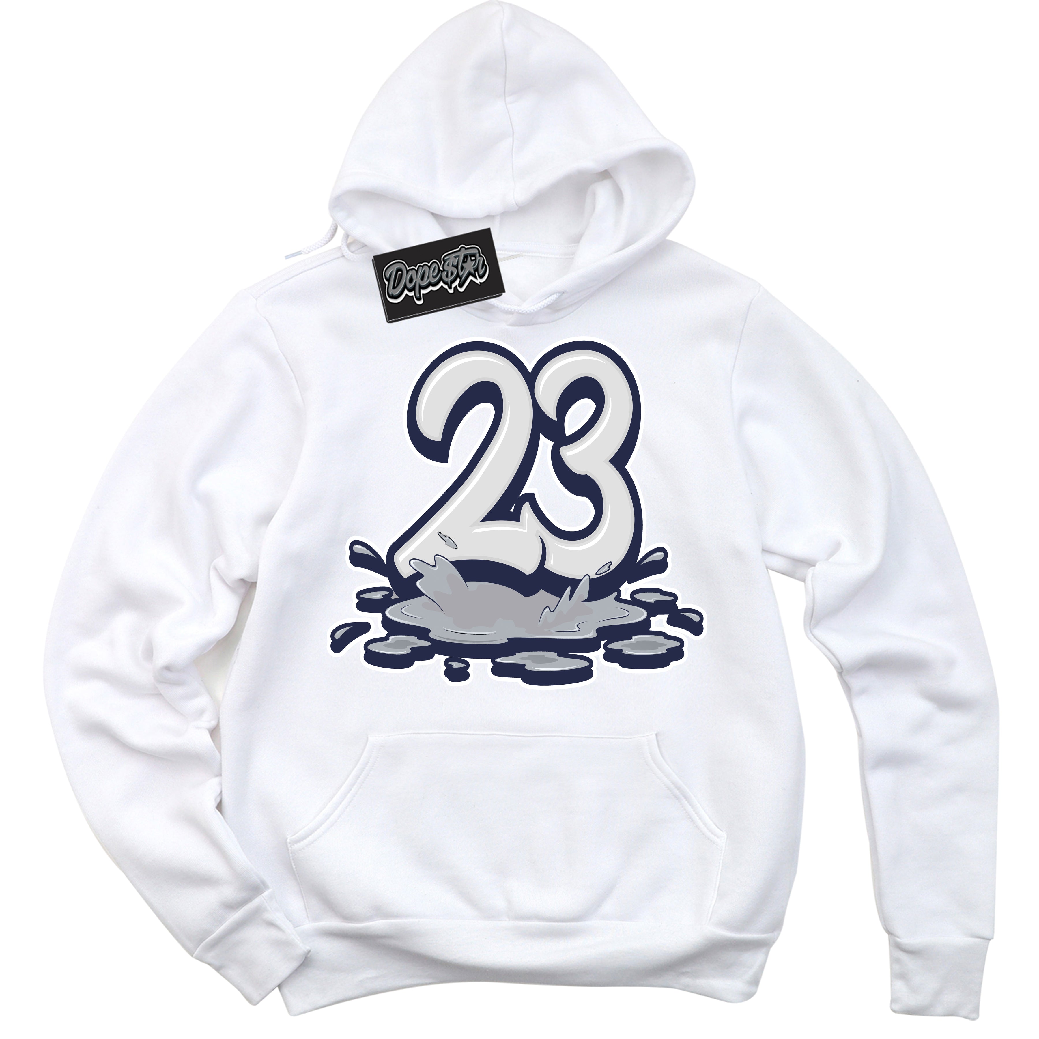 Cool White Hoodie with “23 Melting” design that Perfectly Matches Wolf Grey Midnight Navy 1s Jordans.