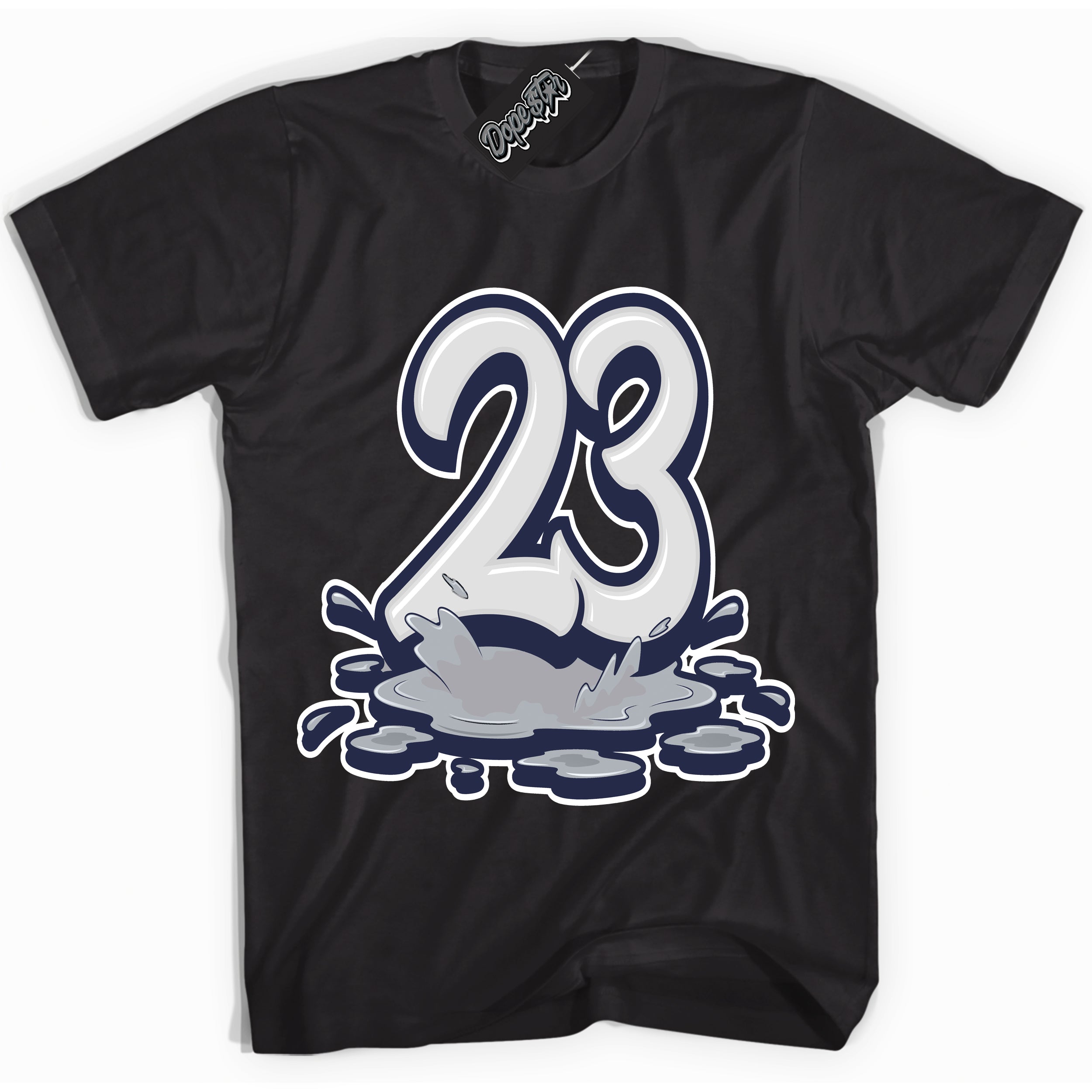 Cool Black Shirt with “23 Melting” design that perfectly matches the Wolf Grey Midnight Navy 1s Jordans.