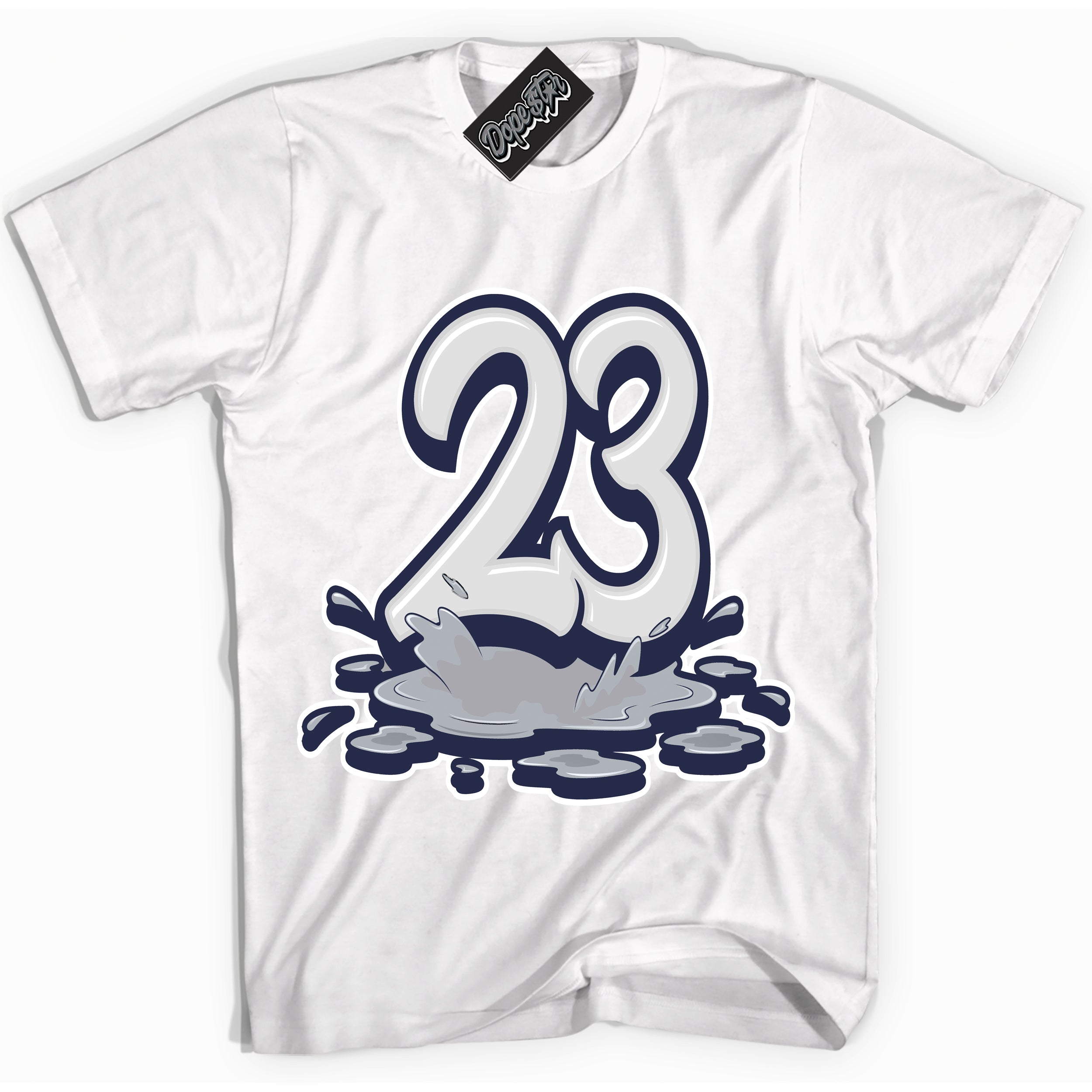 Cool White Shirt with “23 Melting” design that perfectly matches the Wolf Grey Midnight Navy 1s Jordans.