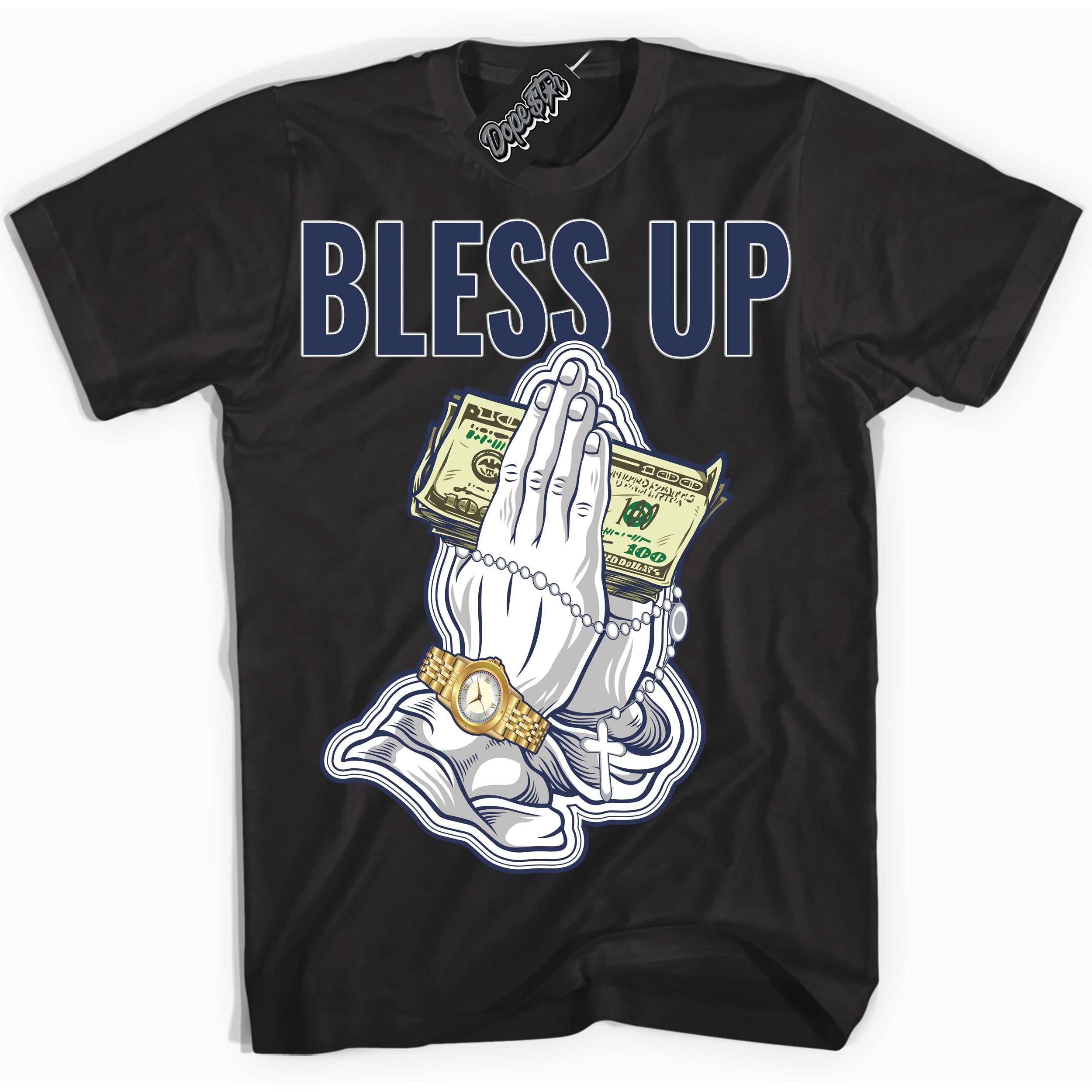 Cool Black Shirt with “Bless Up” design that perfectly matches the Wolf Grey Midnight Navy 1s Jordans.