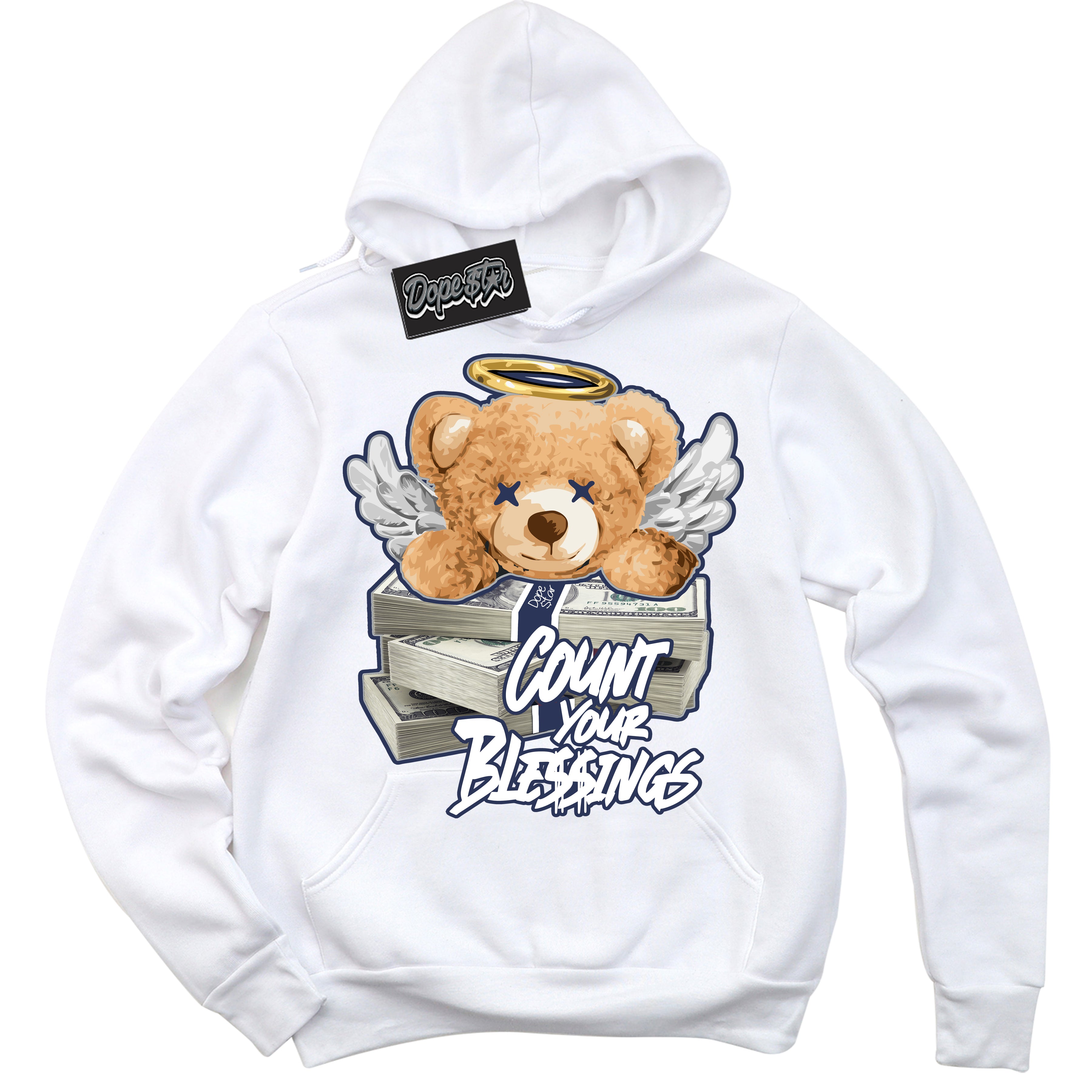 Cool White Hoodie with “Count Your Blessings” design that Perfectly Matches Wolf Grey Midnight Navy 1s Jordans.