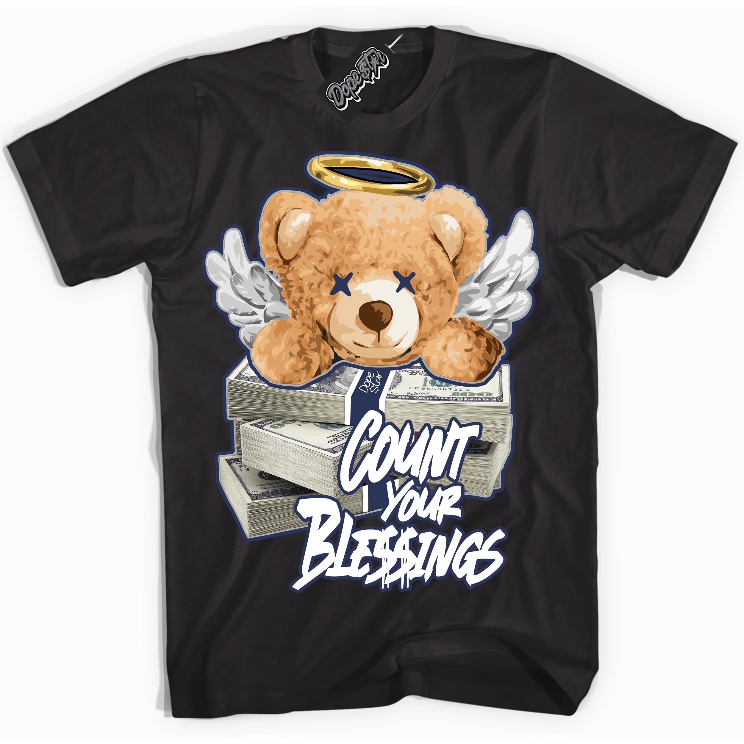 Cool Black Shirt with “Count Your Blessings” design that perfectly matches the Wolf Grey Midnight Navy 1s Jordans.