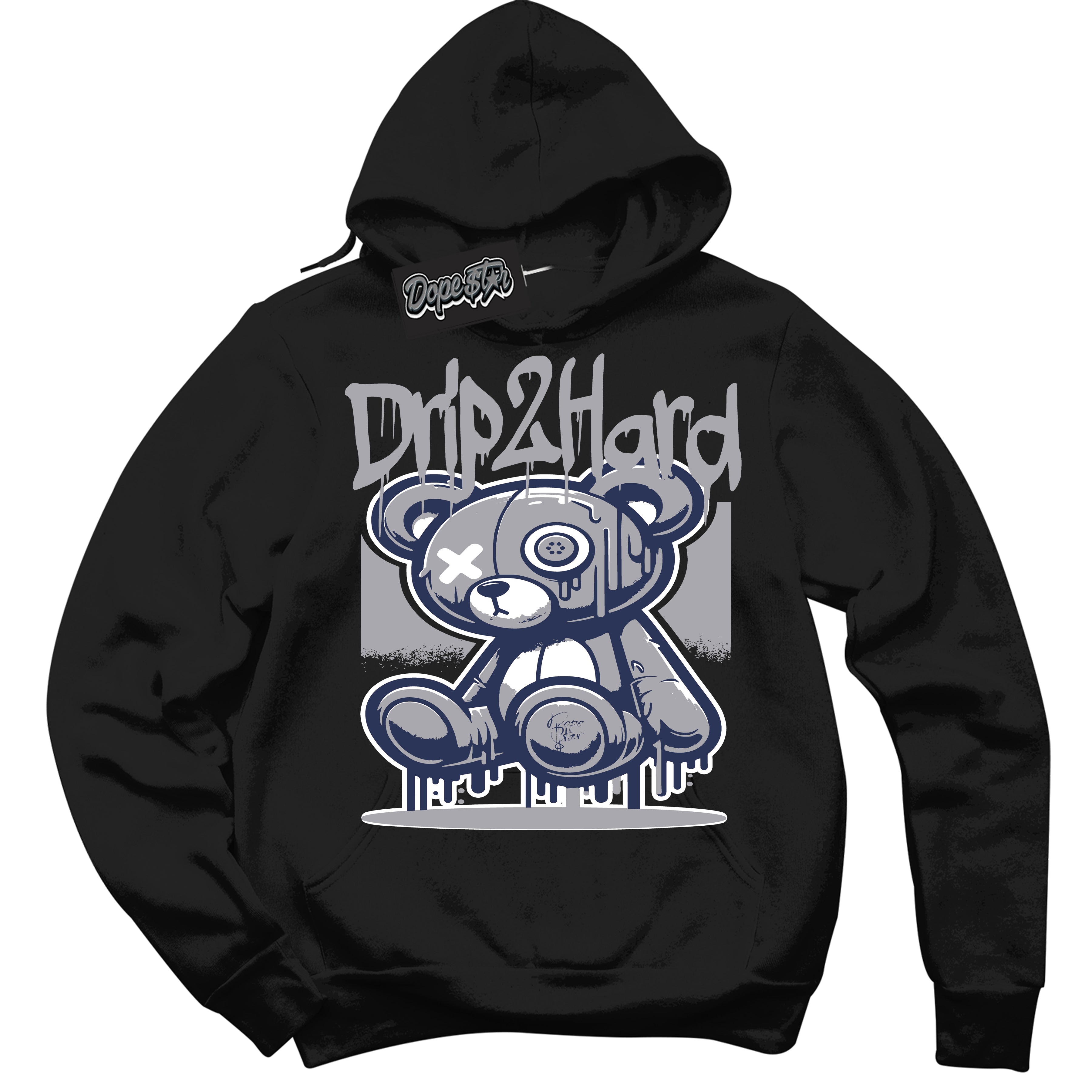 Cool Black Hoodie with “Drip 2 Hard” design that Perfectly Matches Wolf Grey Midnight Navy 1s Jordans.