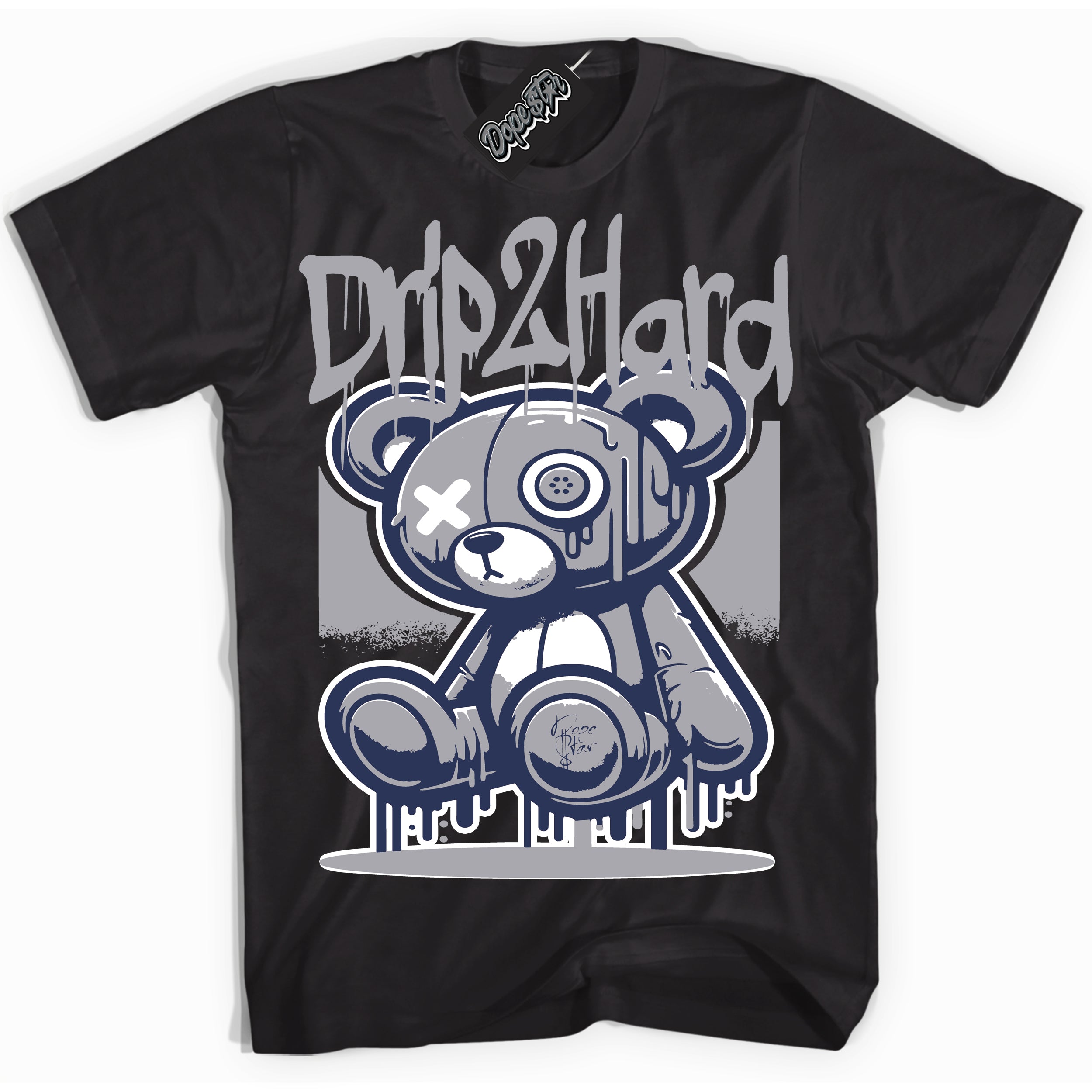 Cool Black Shirt with “Drip 2 Hard” design that perfectly matches the Wolf Grey Midnight Navy 1s Jordans.