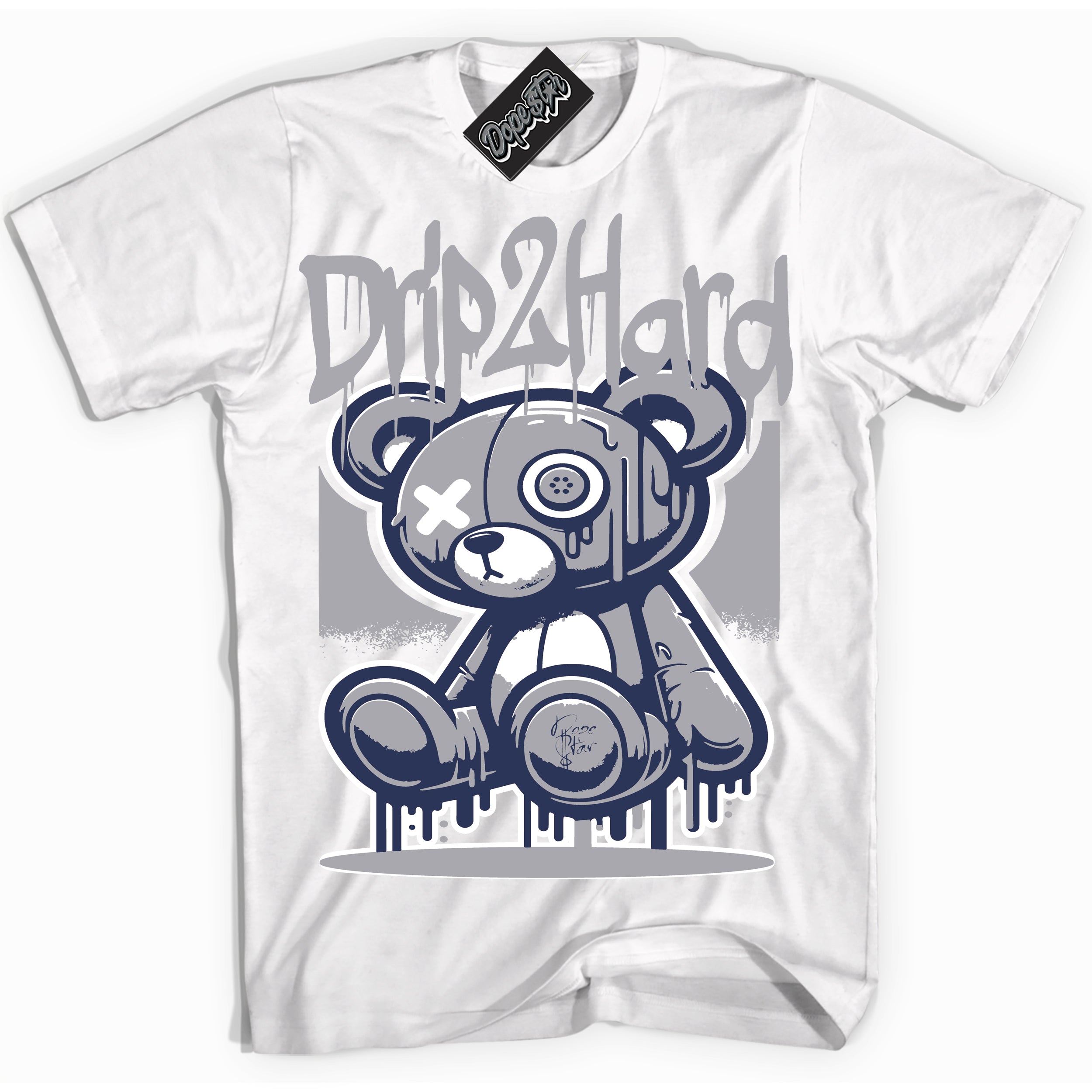 Cool White Shirt with “Drip 2 Hard” design that perfectly matches the Wolf Grey Midnight Navy 1s Jordans.