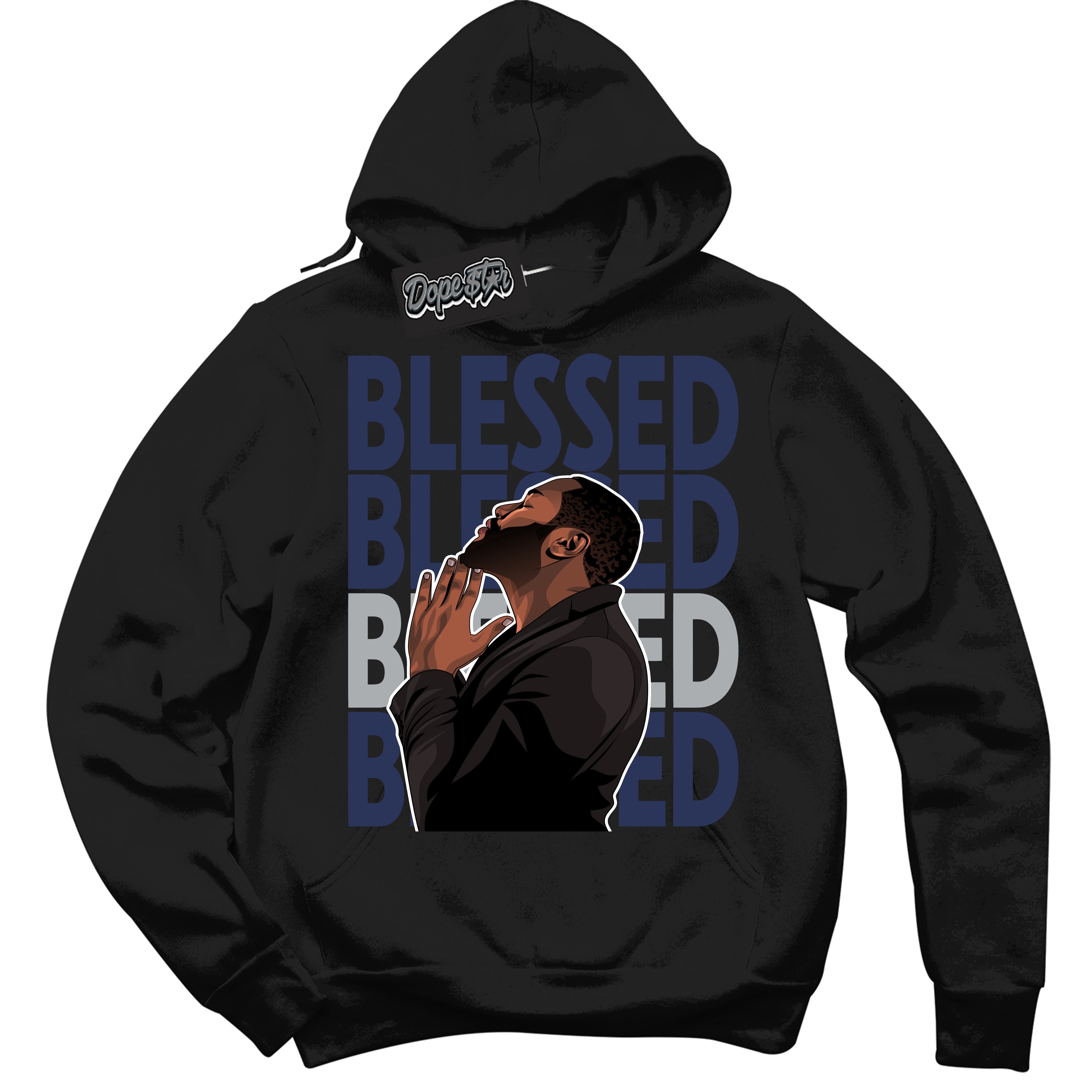 Cool Black Hoodie with “God Blessed” design that Perfectly Matches Wolf Grey Midnight Navy 1s Jordans.