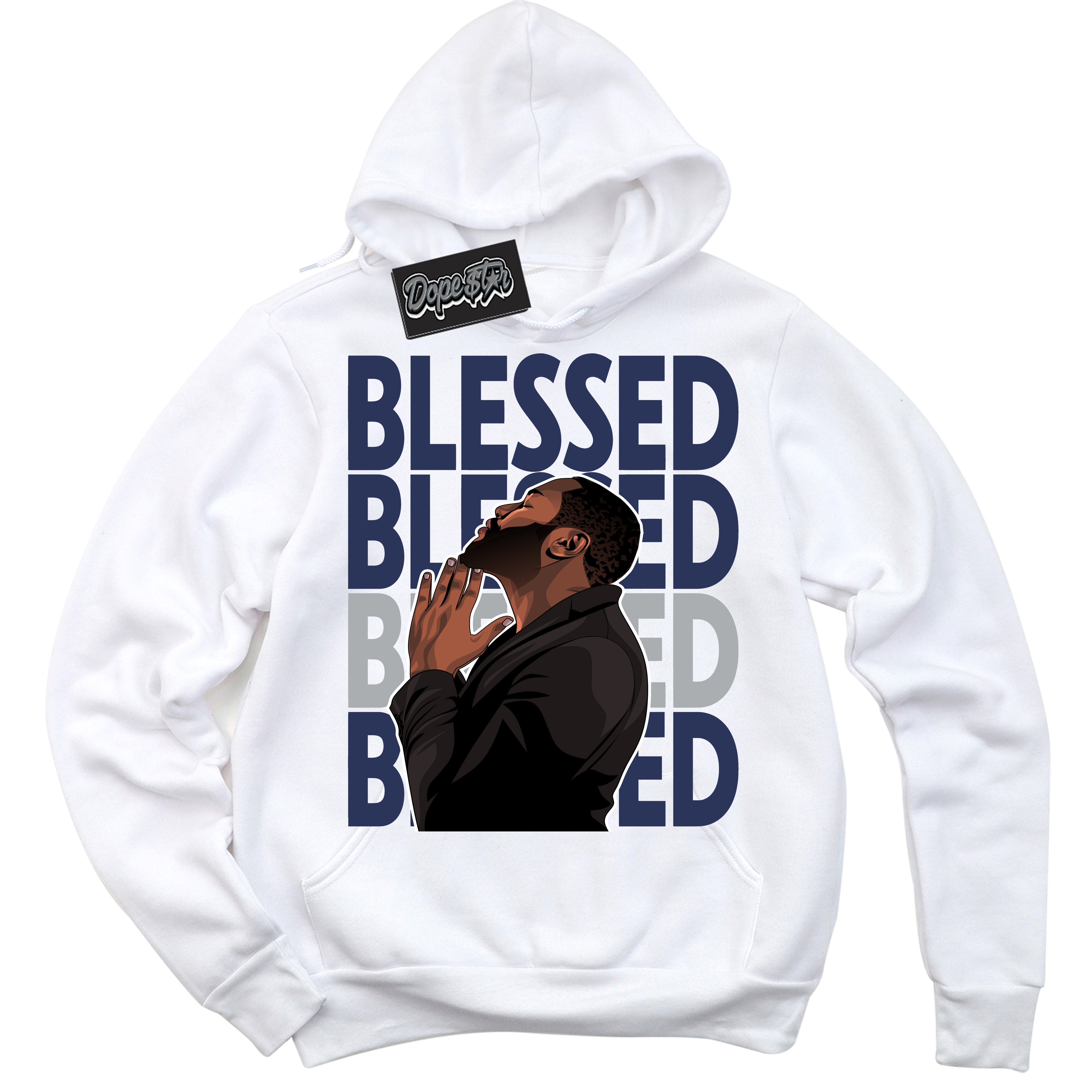 Cool White Hoodie with “God Blessed” design that Perfectly Matches Wolf Grey Midnight Navy 1s Jordans.