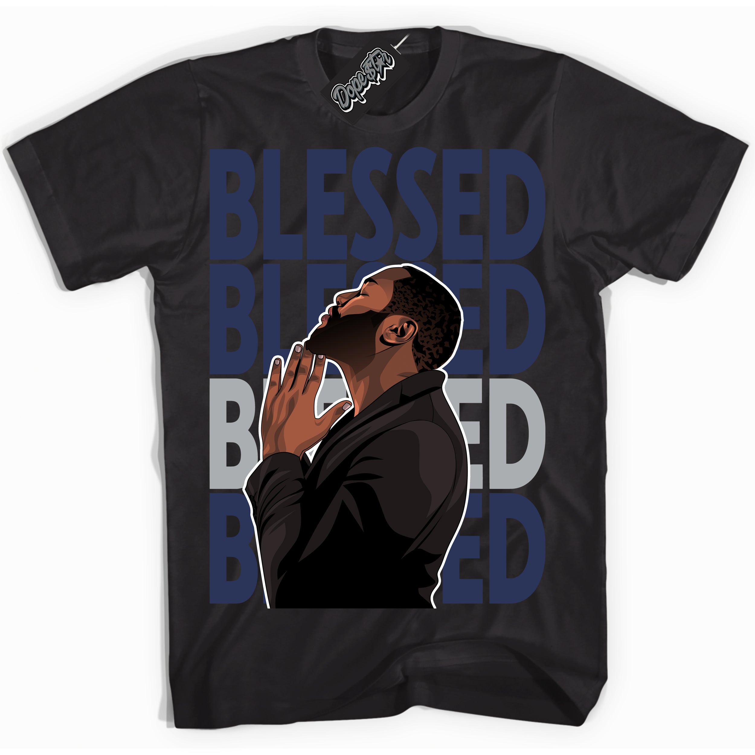 Cool Black Shirt with “God Blessed” design that perfectly matches the Wolf Grey Midnight Navy 1s Jordans.