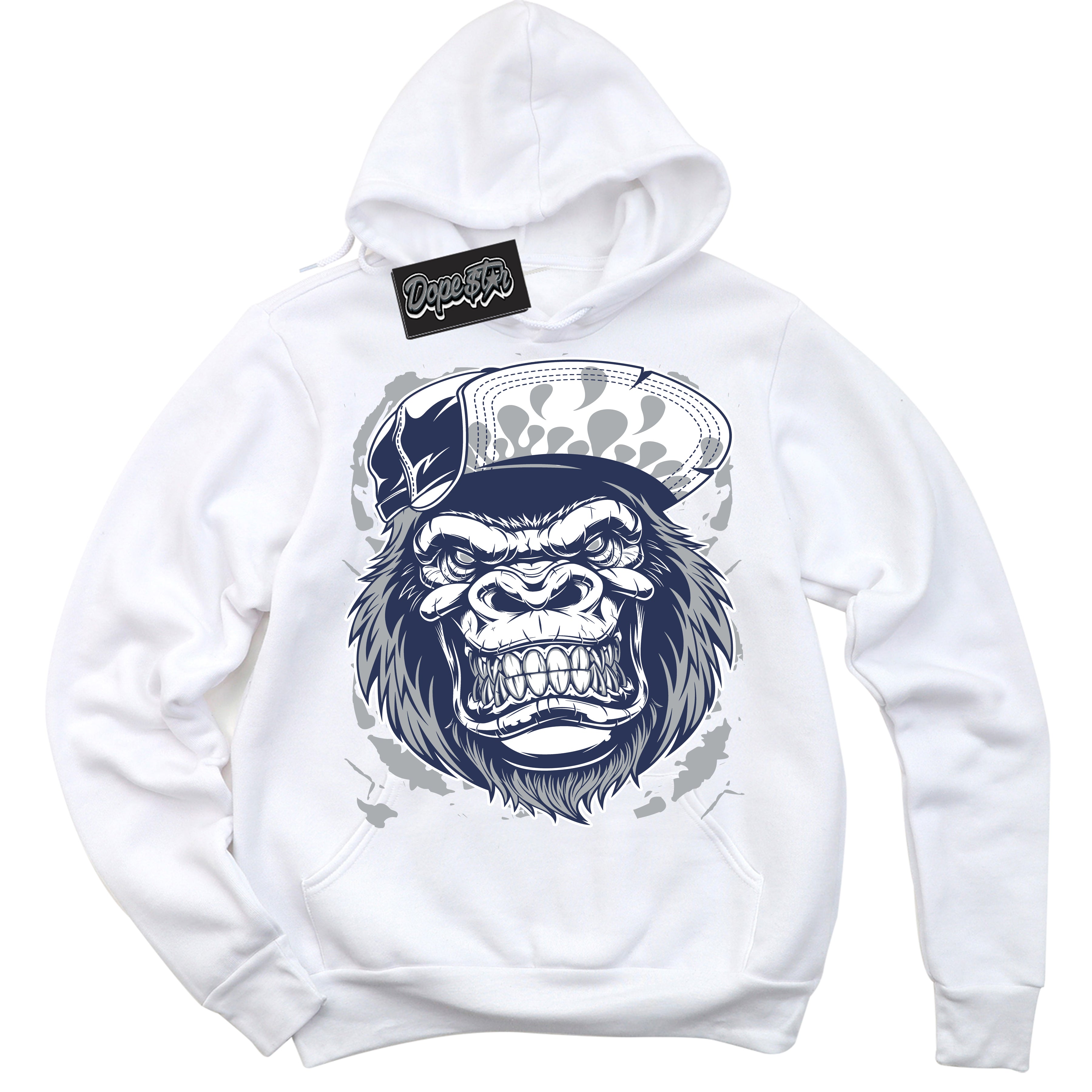 Cool White Hoodie with “Gorilla Beast” design that Perfectly Matches Wolf Grey Midnight Navy 1s Jordans.