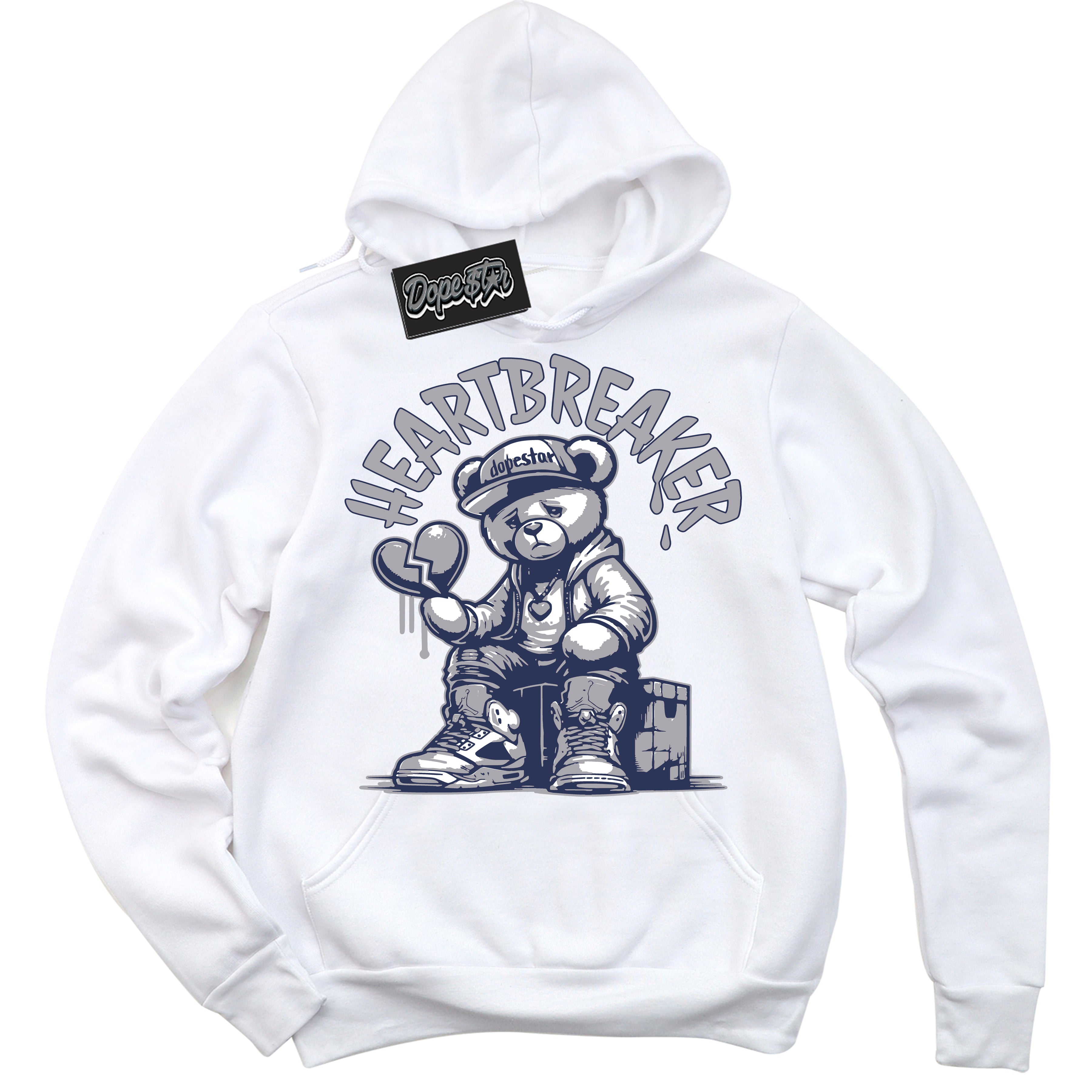 Cool White Hoodie with “Heartbreaker Bear” design that Perfectly Matches Wolf Grey Midnight Navy 1s Jordans.