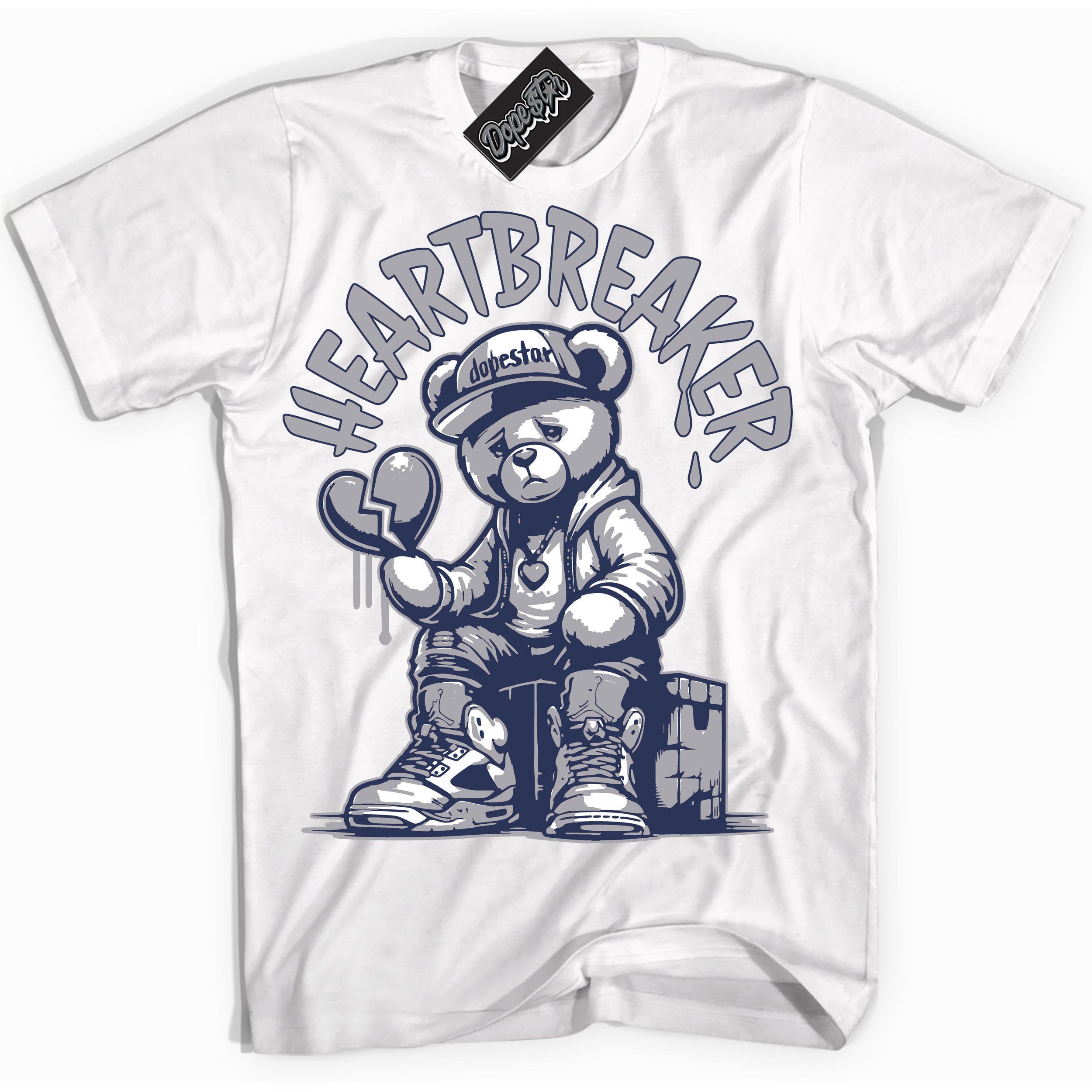 Cool White Shirt with “Heartbreaker Bear” design that perfectly matches the Wolf Grey Midnight Navy 1s Jordans.