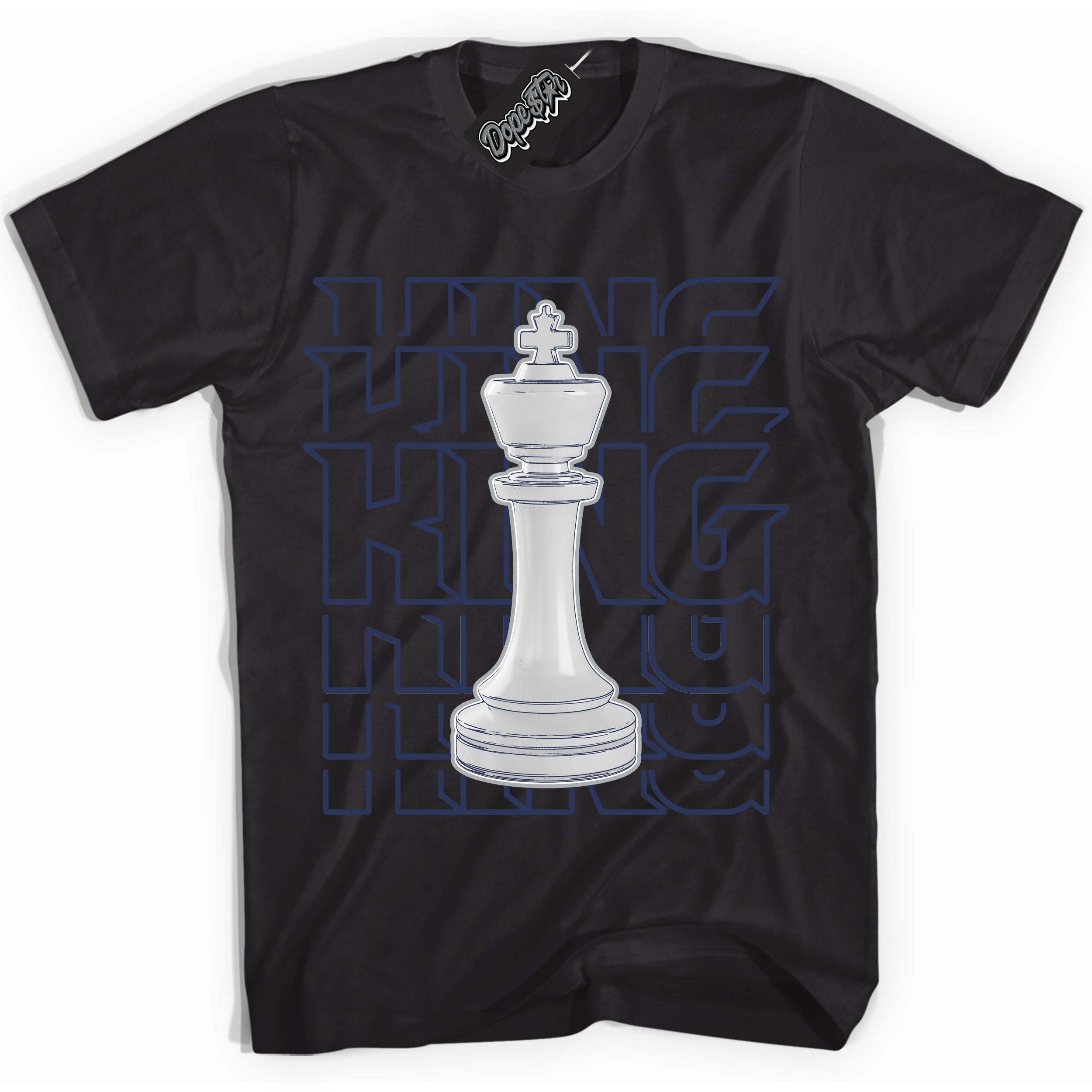 Cool Black Shirt with “King Chess” design that perfectly matches the Wolf Grey Midnight Navy 1s Jordans.