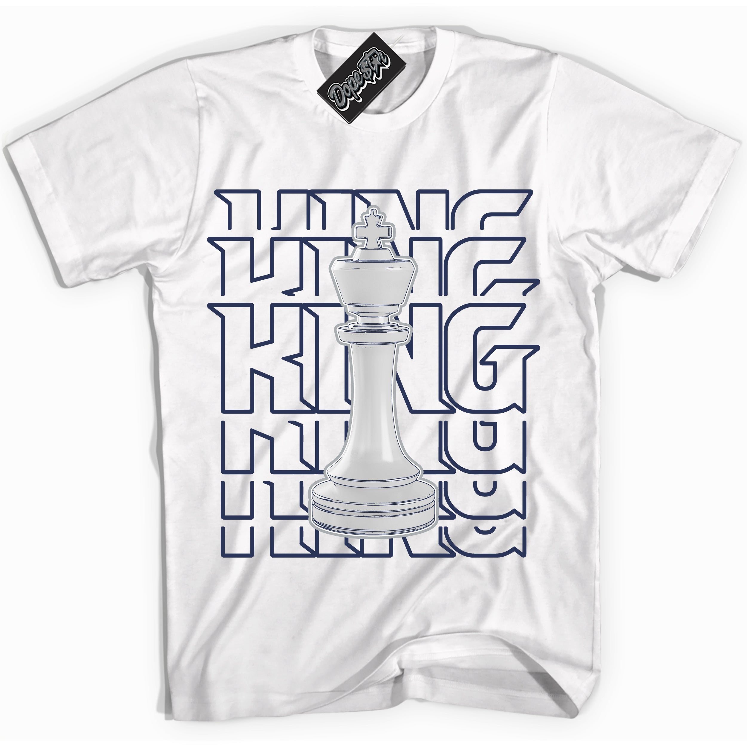 Cool White Shirt with “King Chess” design that perfectly matches the Wolf Grey Midnight Navy 1s Jordans.