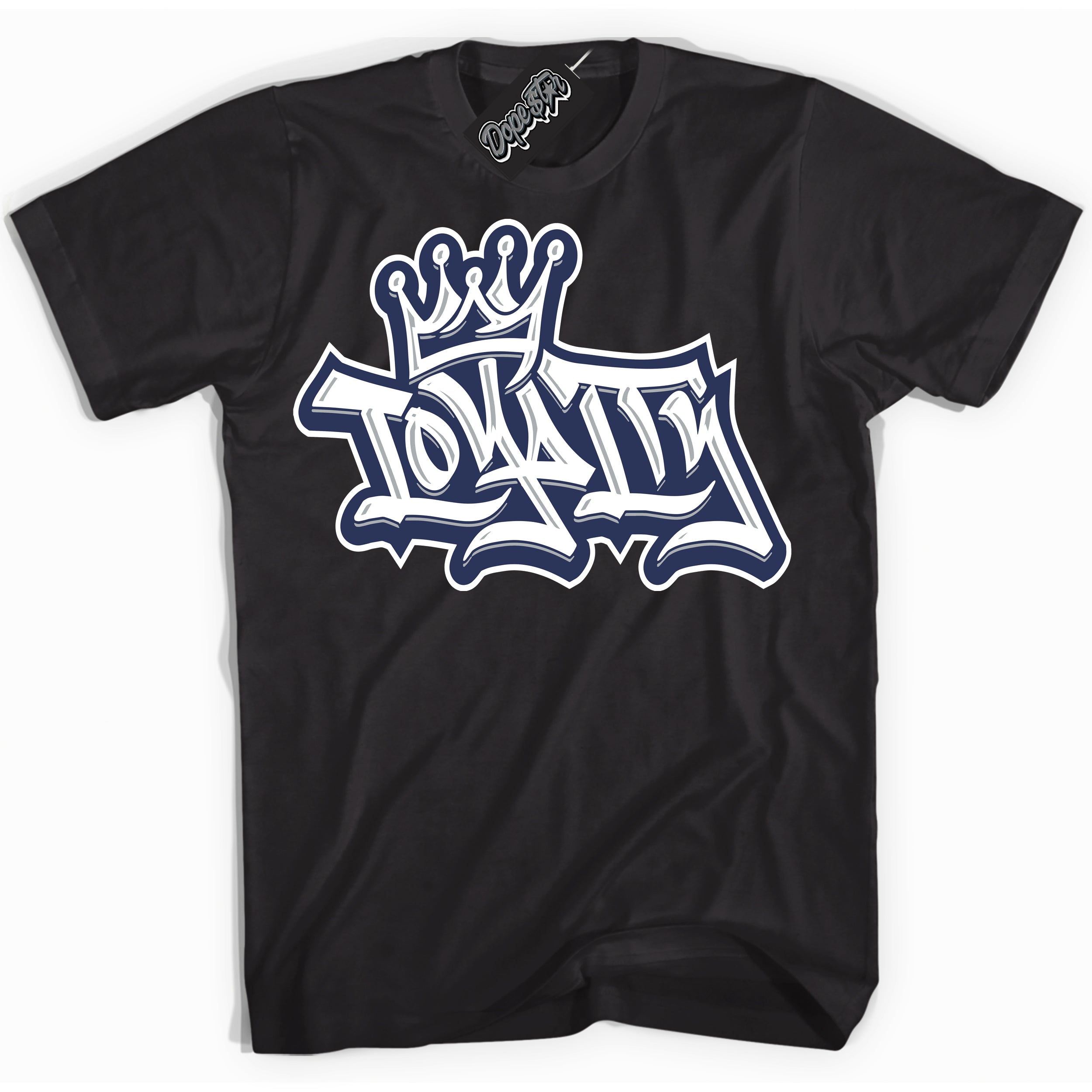 Cool Black Shirt with “Loyalty Crown” design that perfectly matches the Wolf Grey Midnight Navy 1s Jordans.