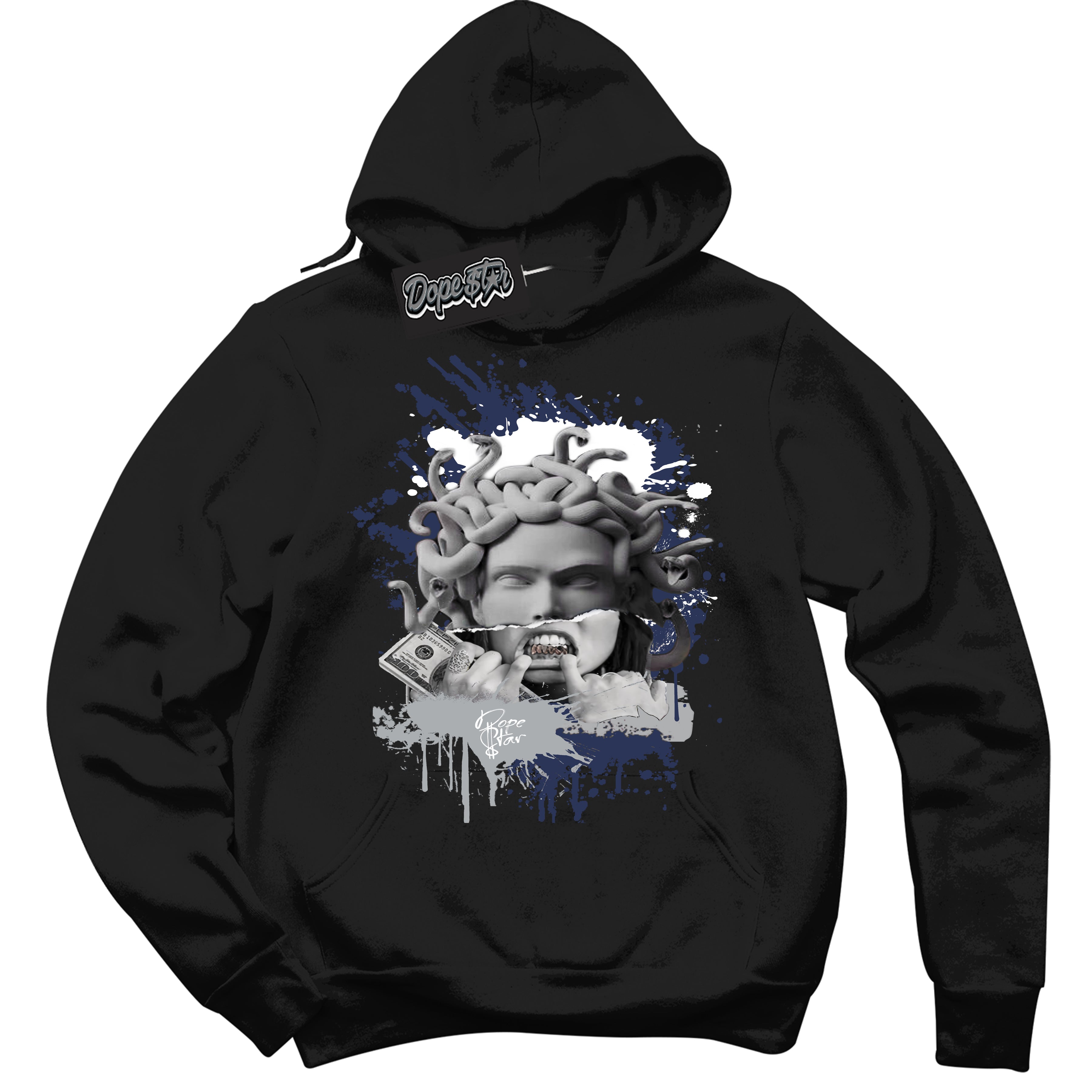 Cool Black Hoodie with “Medusa” design that Perfectly Matches Wolf Grey Midnight Navy 1s Jordans.