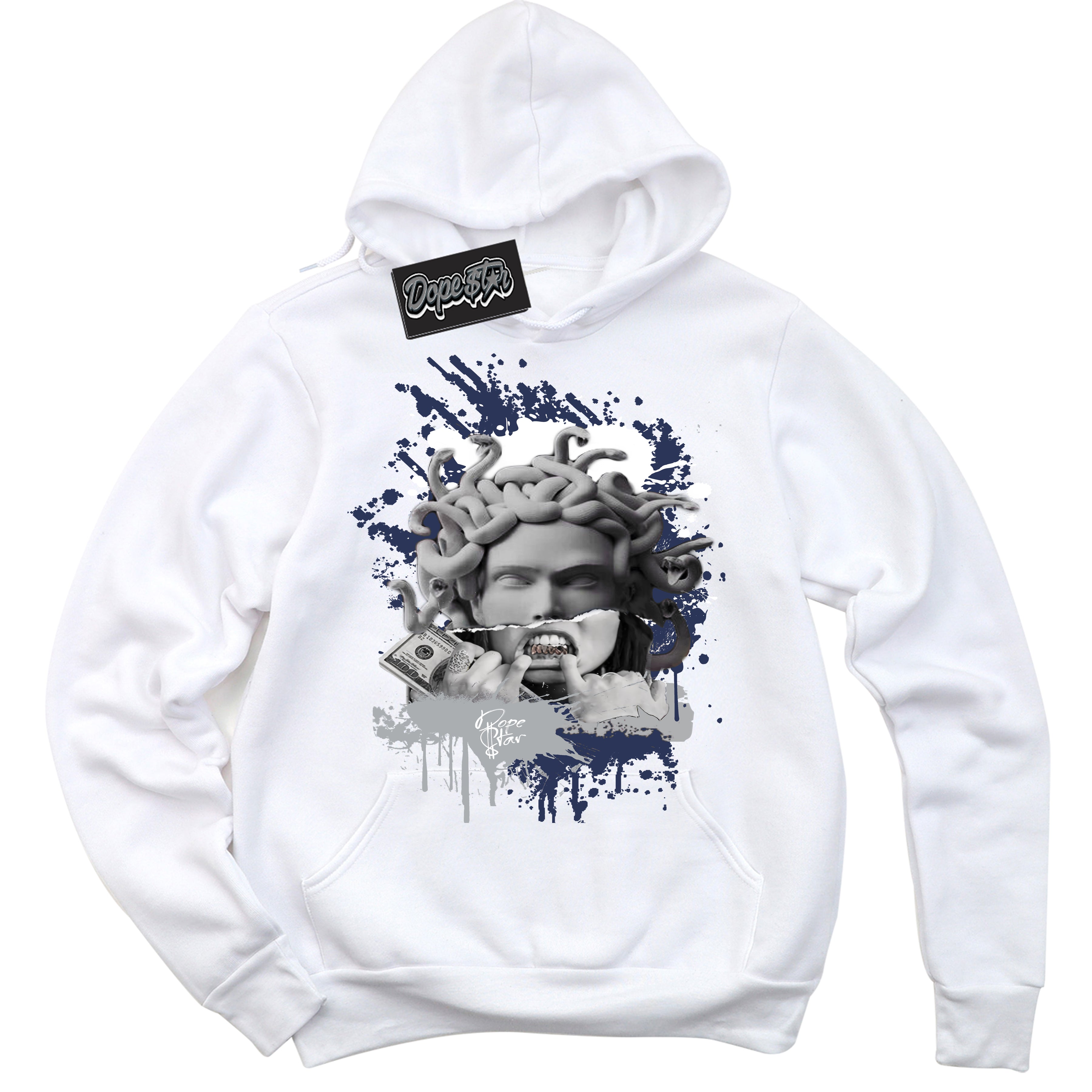 Cool White Hoodie with “Medusa” design that Perfectly Matches Wolf Grey Midnight Navy 1s Jordans.