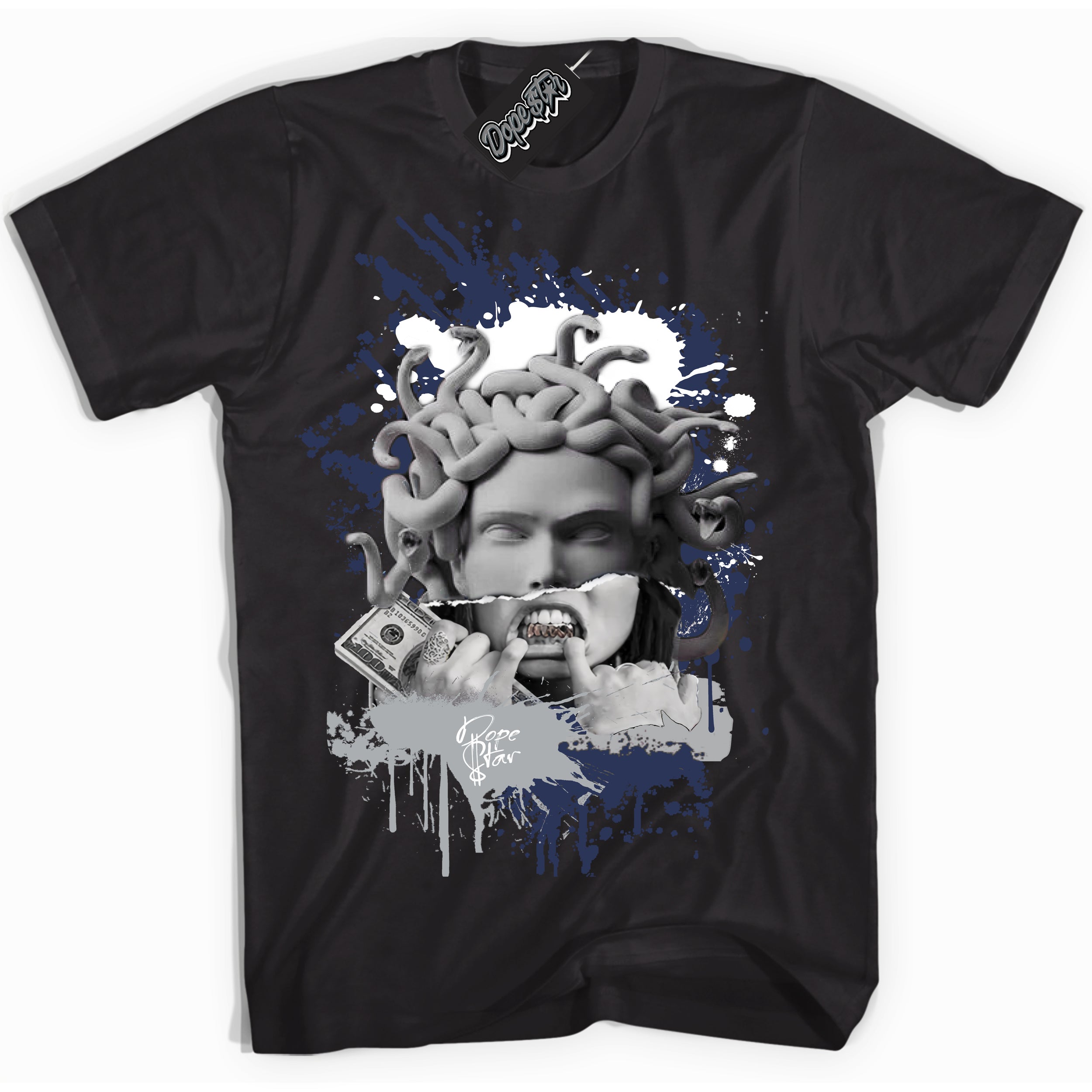 Cool Black Shirt with “Medusa” design that perfectly matches the Wolf Grey Midnight Navy 1s Jordans.