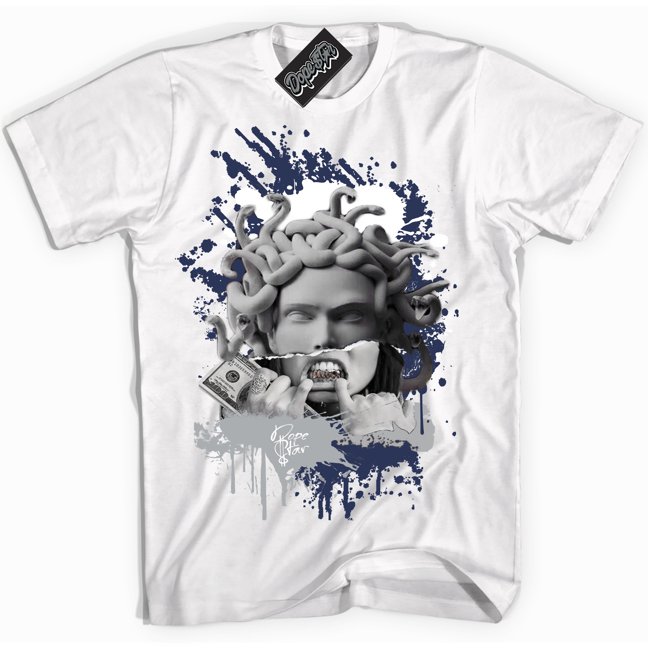 Cool White Shirt with “Medusa” design that perfectly matches the Wolf Grey Midnight Navy 1s Jordans.