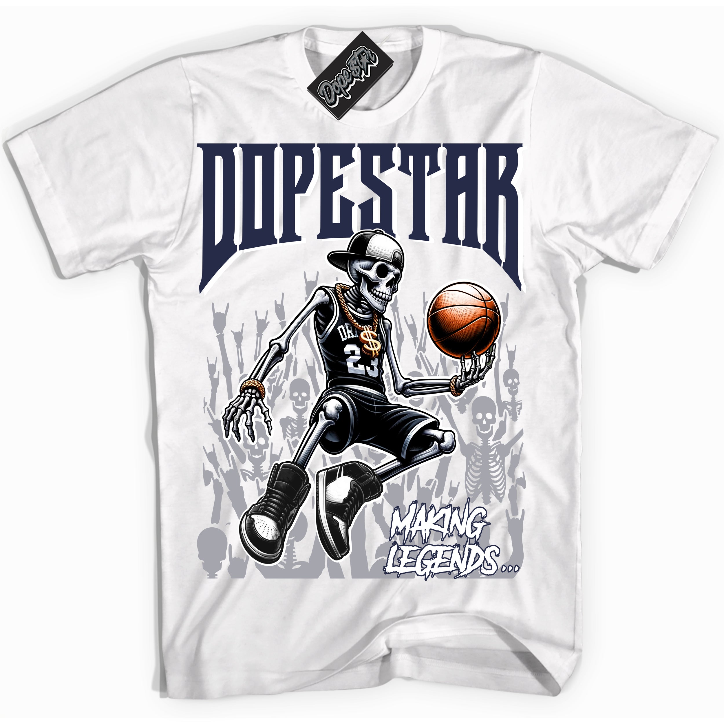 Cool White Shirt with “Making Legends” design that perfectly matches the Wolf Grey Midnight Navy 1s Jordans.