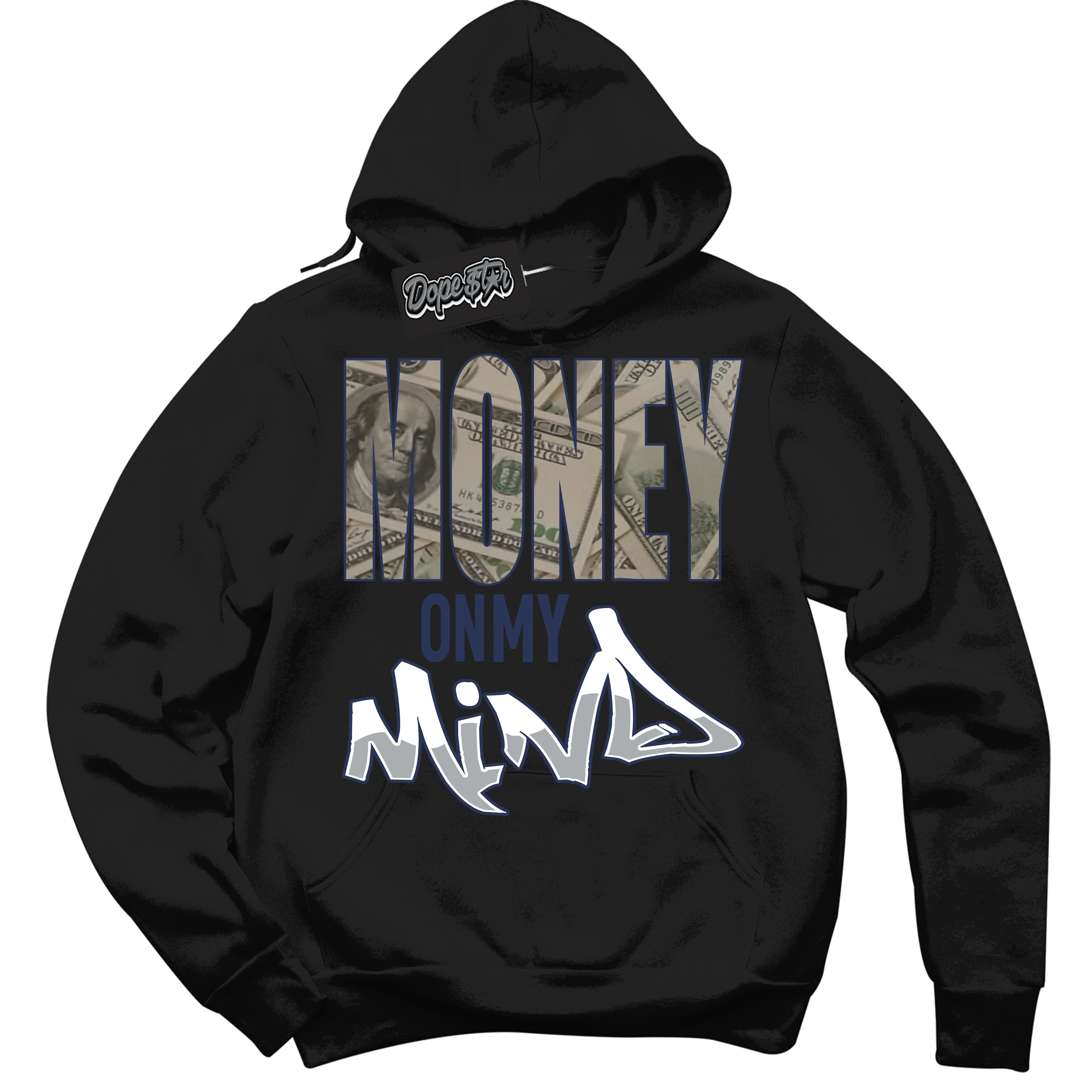 Cool Black Hoodie with “Money On My Mind” design that Perfectly Matches Wolf Grey Midnight Navy 1s Jordans.