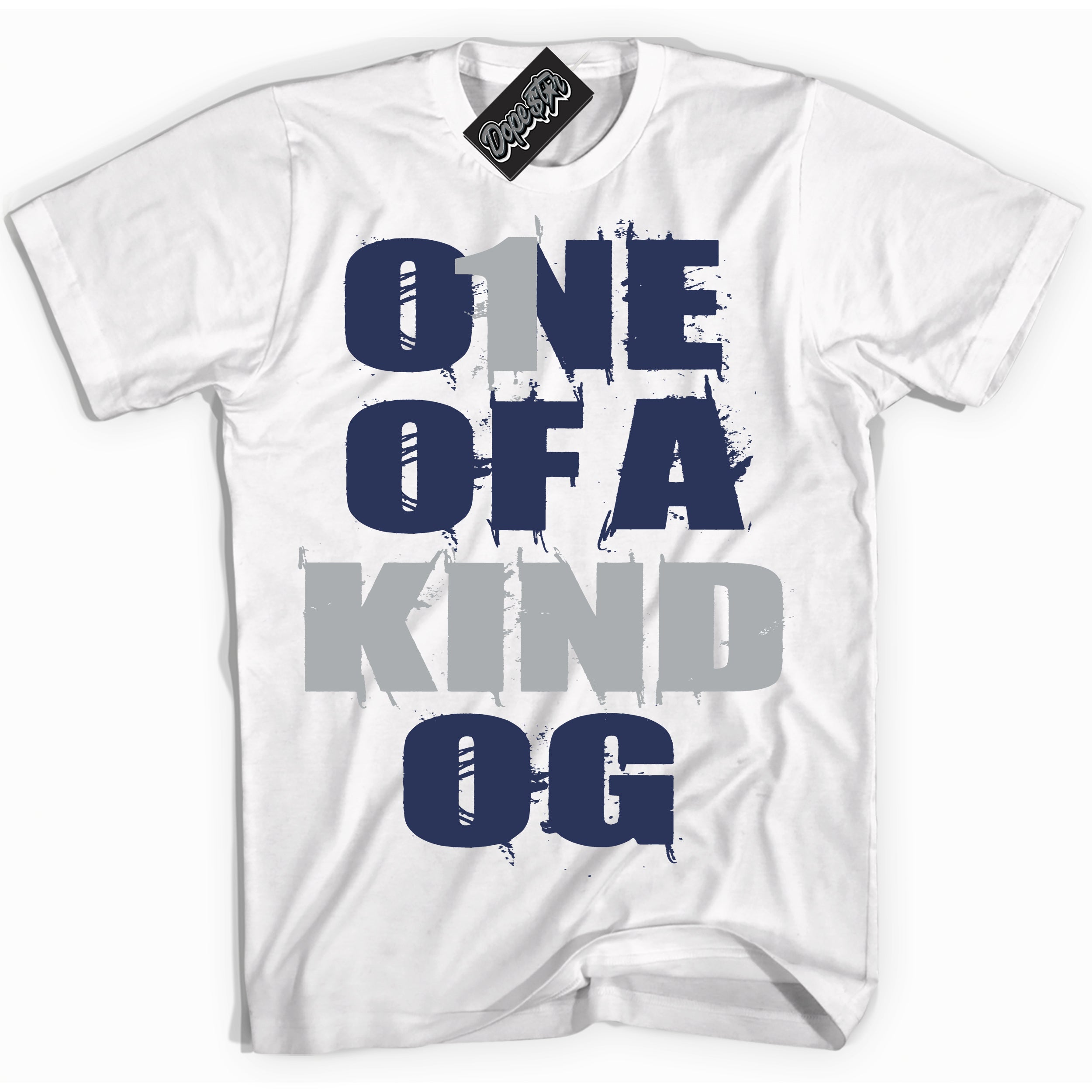 Cool White Shirt with “One Of A Kind” design that perfectly matches the Wolf Grey Midnight Navy 1s Jordans.