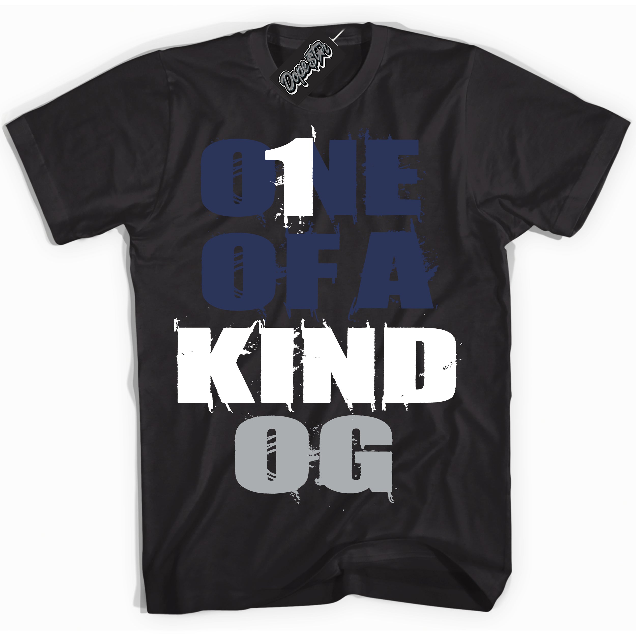 Cool Black Shirt with “One Of A Kind” design that perfectly matches the Wolf Grey Midnight Navy 1s Jordans.