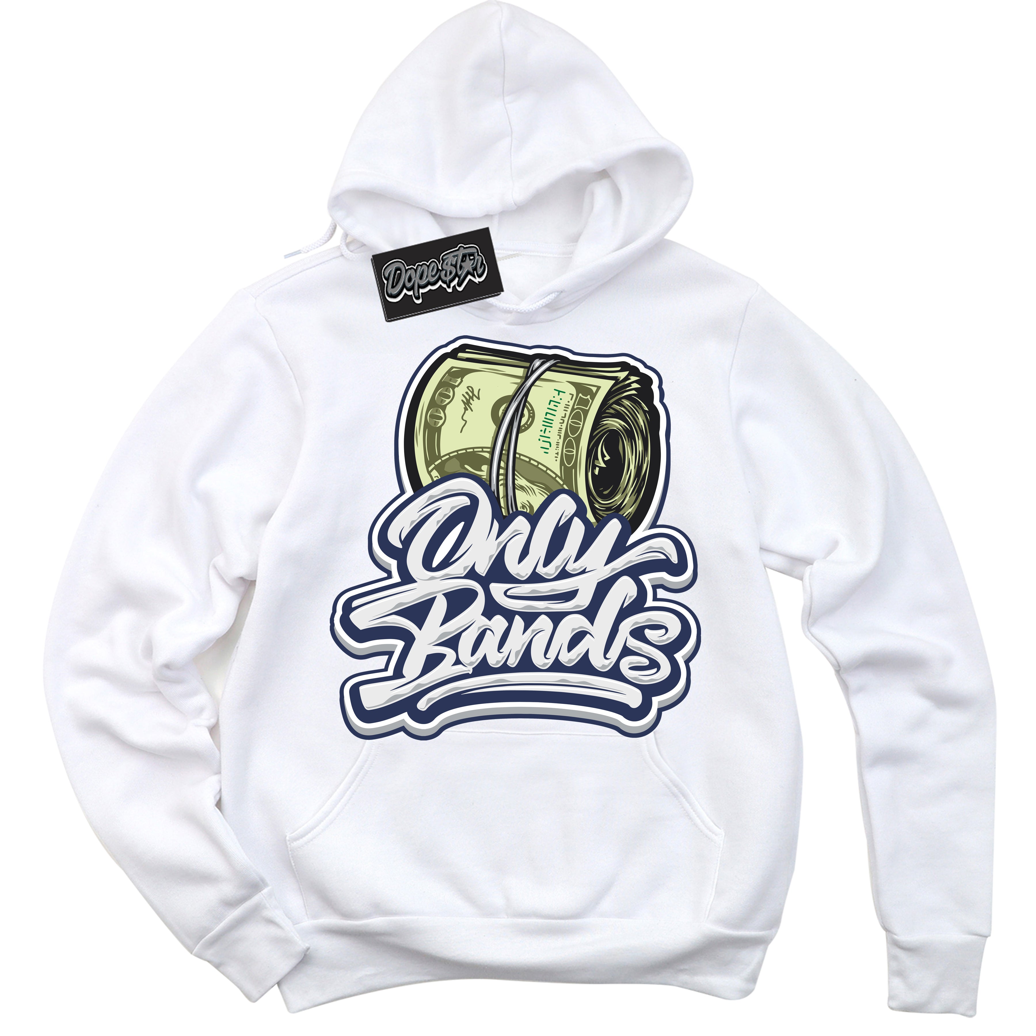 Cool White Hoodie with “Only Bands” design that Perfectly Matches Wolf Grey Midnight Navy 1s Jordans.