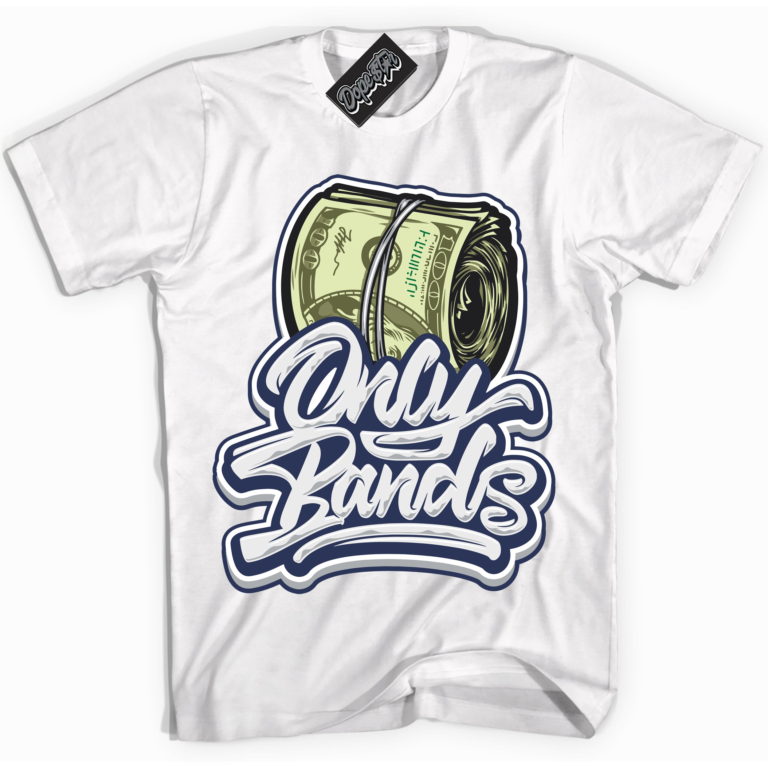 Cool White Shirt with “Only Bands” design that perfectly matches the Wolf Grey Midnight Navy 1s Jordans.