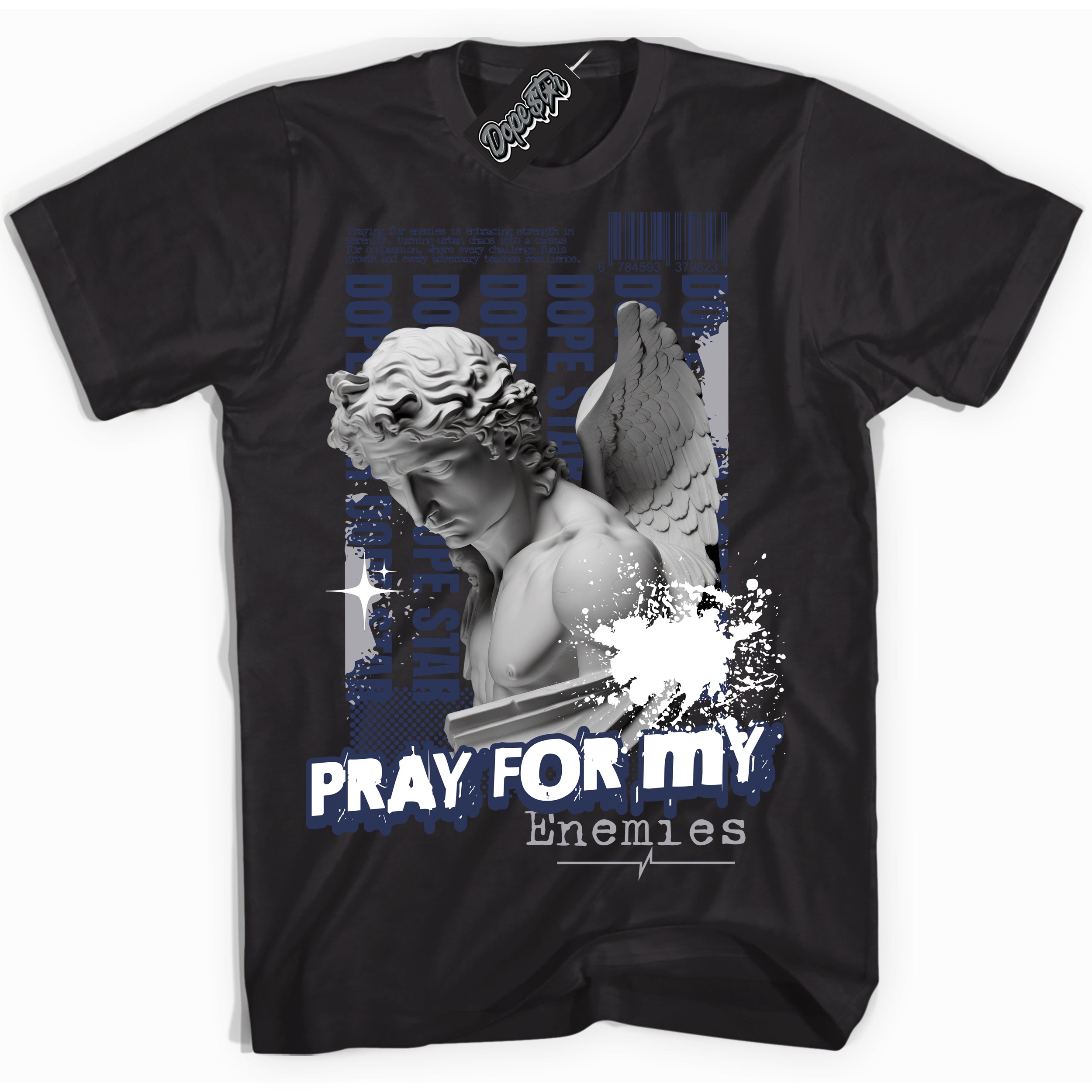 Cool Black Shirt with “Pray Enemies” design that perfectly matches the Wolf Grey Midnight Navy 1s Jordans.