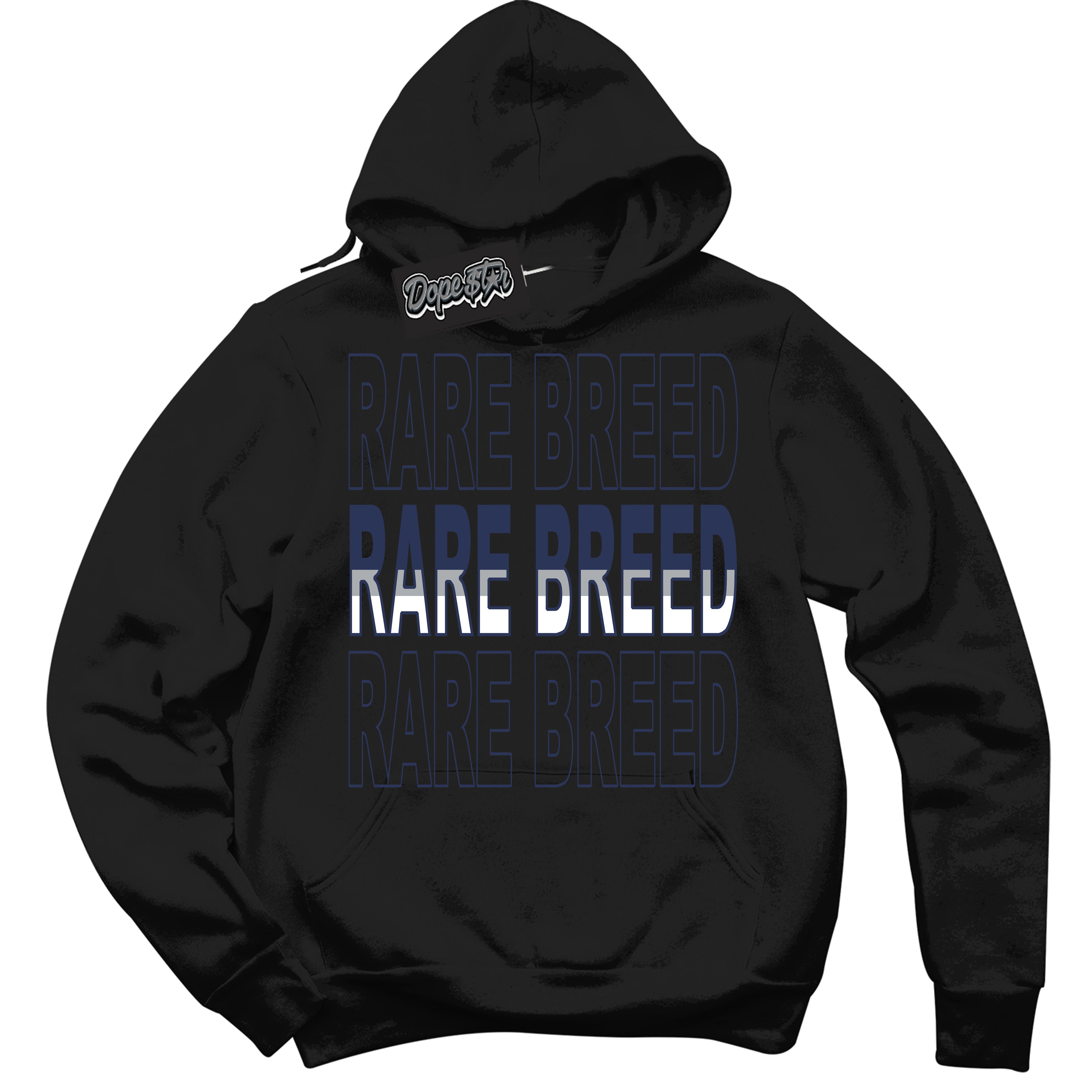 Cool Black Hoodie with “Rare Breed” design that Perfectly Matches Wolf Grey Midnight Navy 1s Jordans.