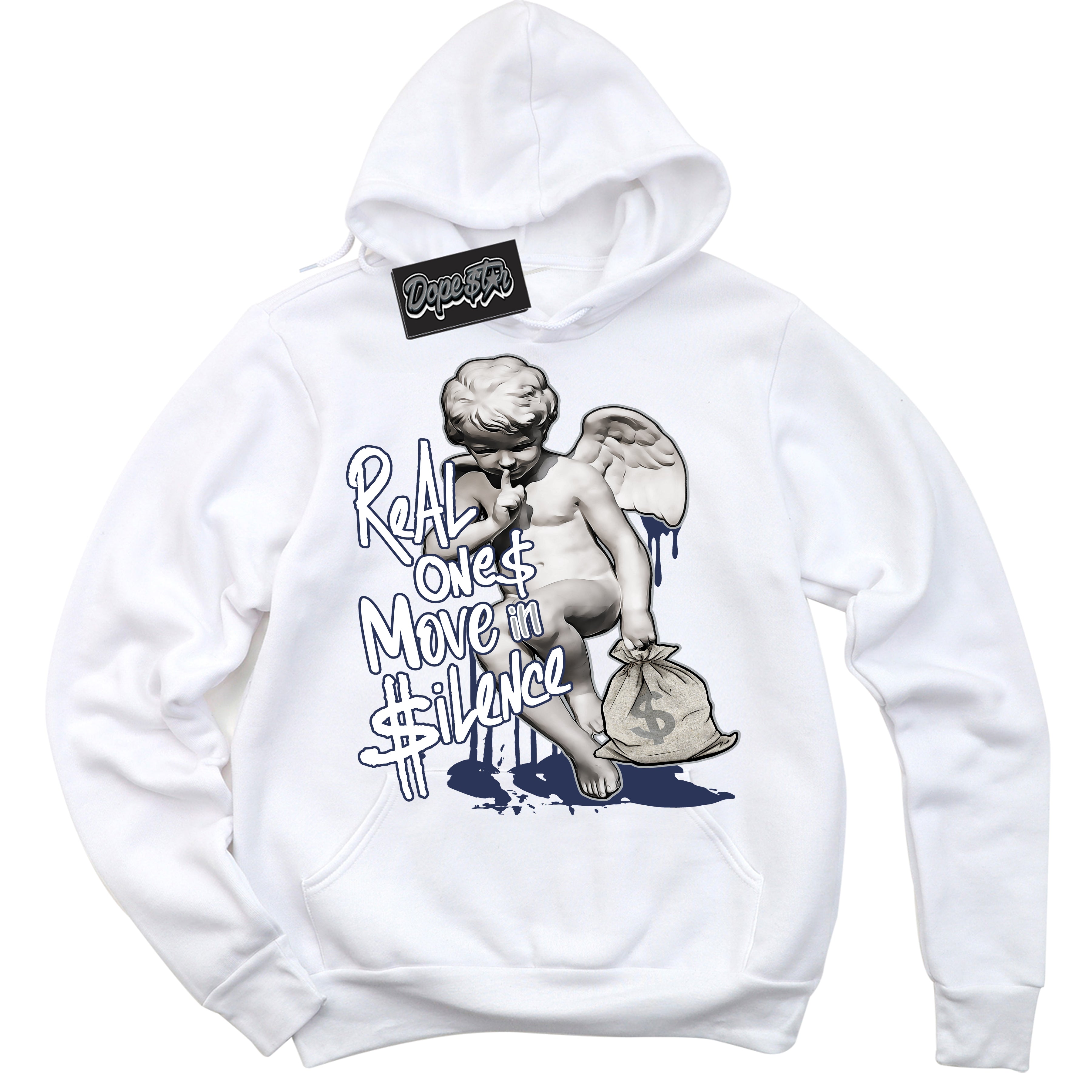 Cool White Hoodie with “Real Ones Cherub” design that Perfectly Matches Wolf Grey Midnight Navy 1s Jordans.