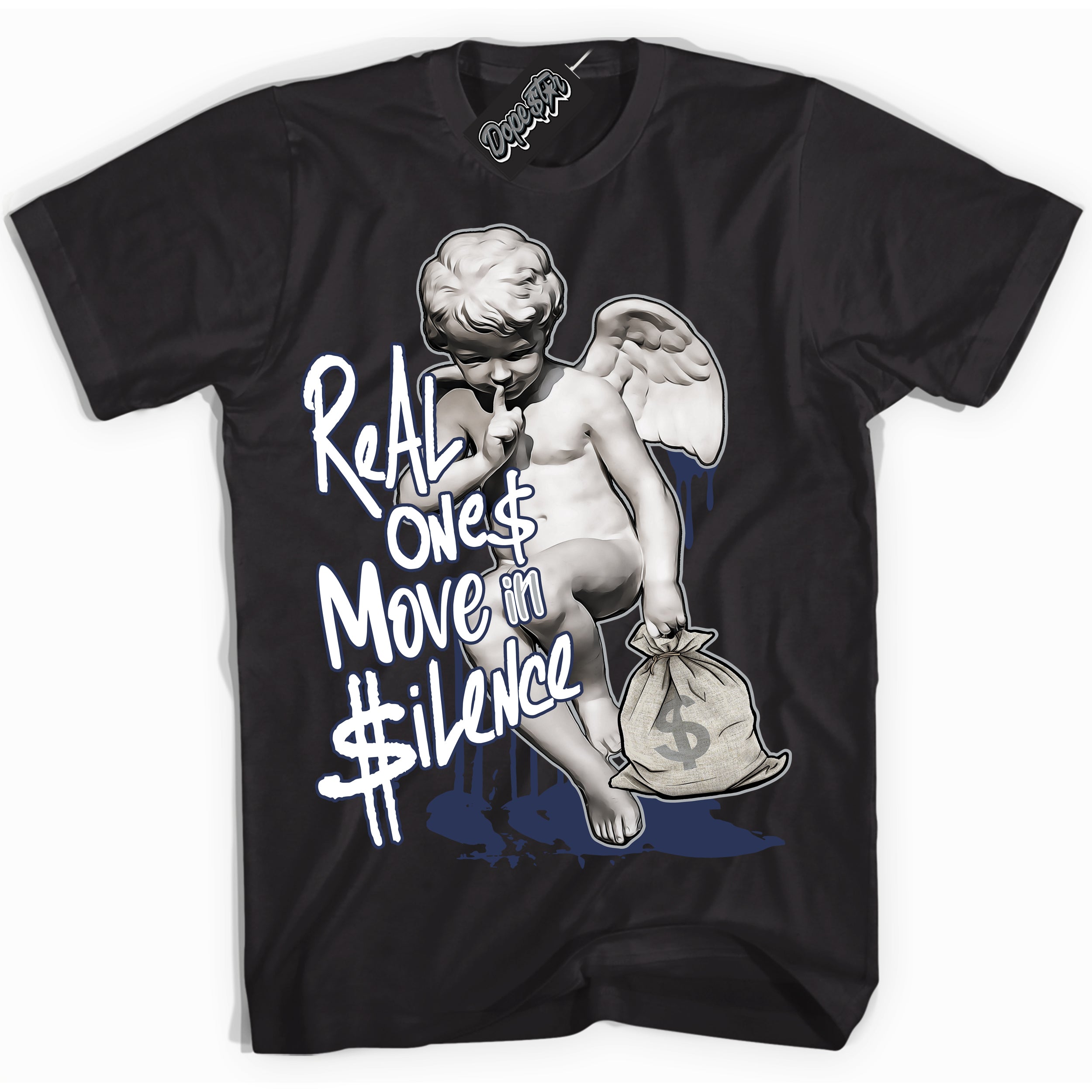 Cool Black Shirt with “Real Ones Cherub” design that perfectly matches the Wolf Grey Midnight Navy 1s Jordans.