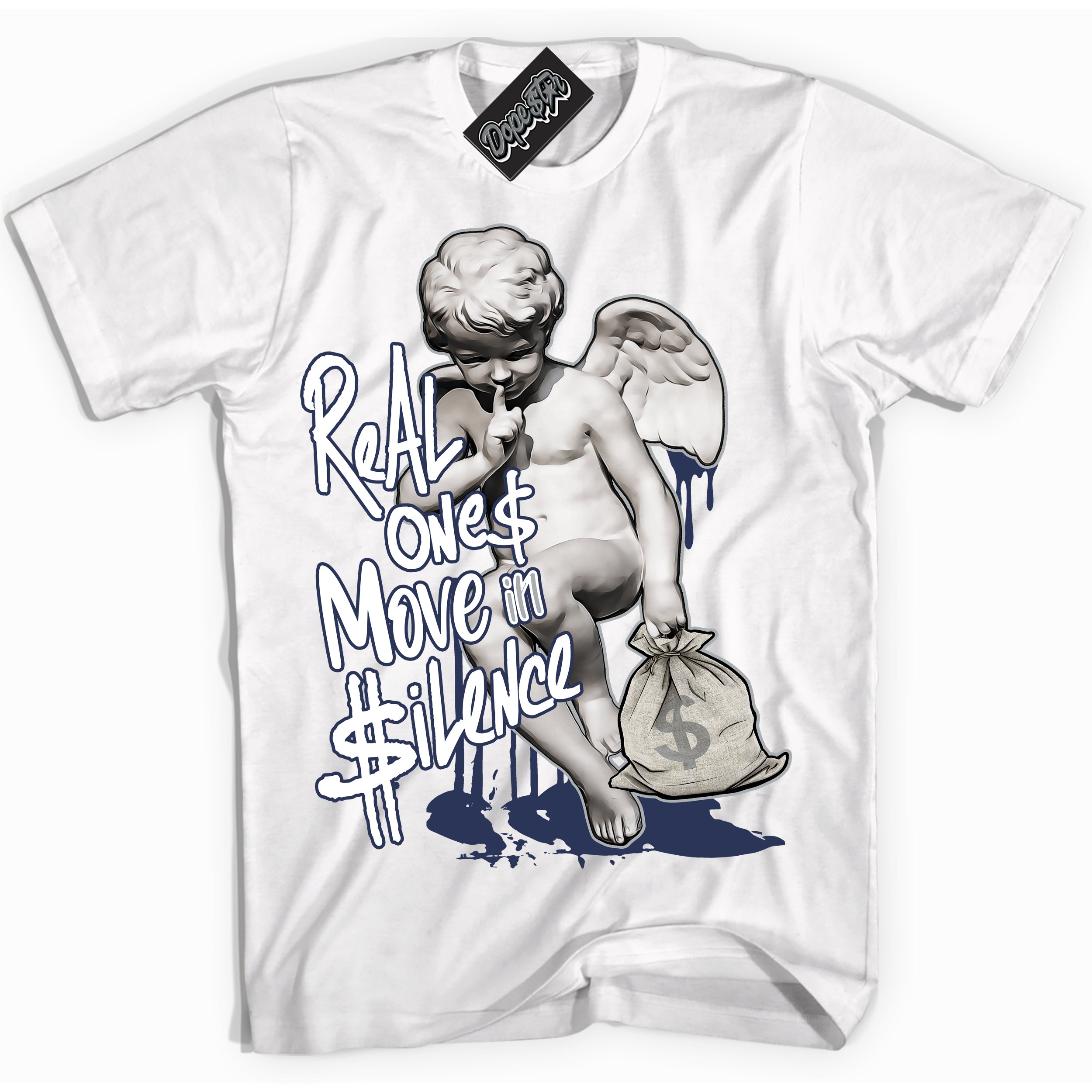 Cool White Shirt with “Real Ones Cherub” design that perfectly matches the Wolf Grey Midnight Navy 1s Jordans.