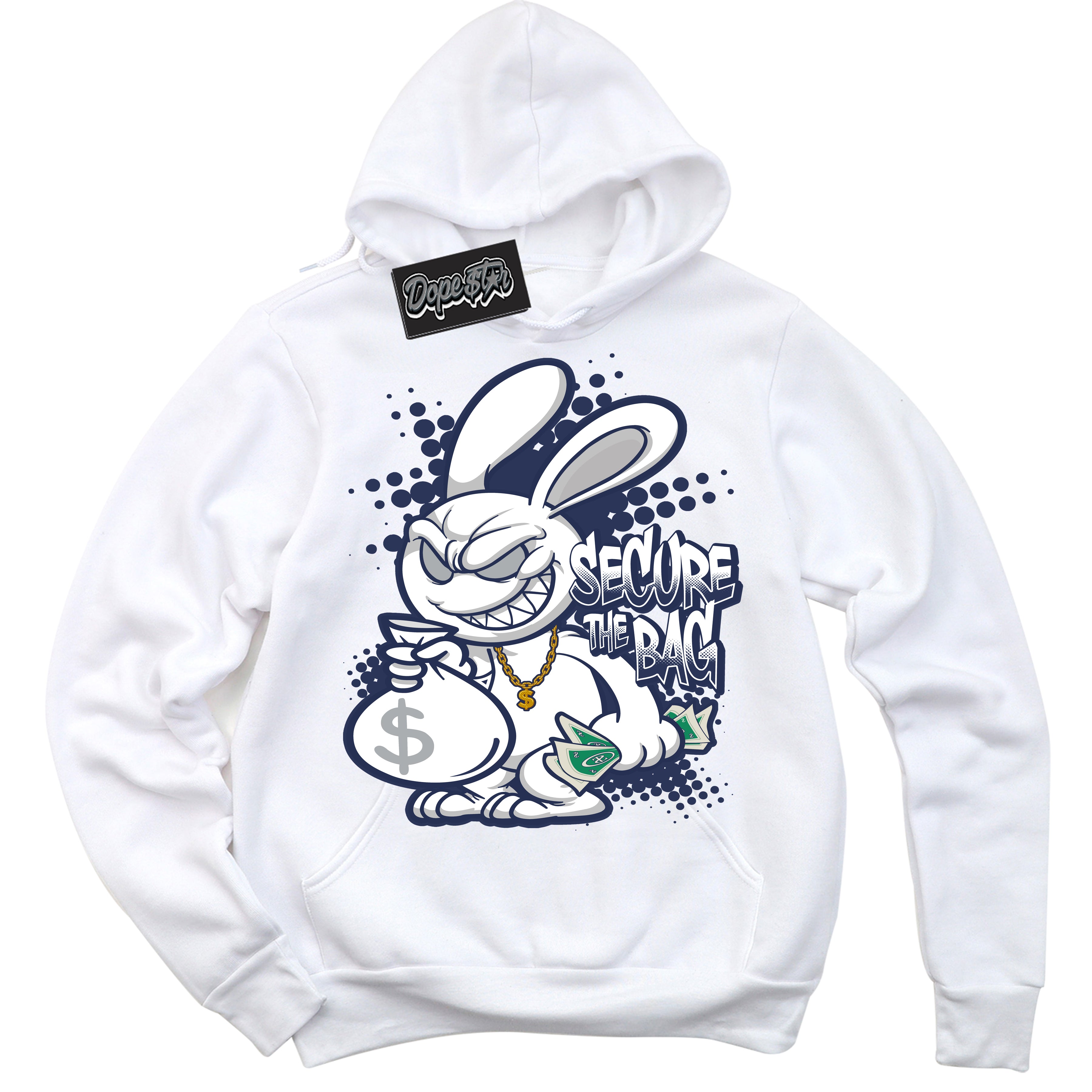 Cool White Hoodie with “Secure The Bag” design that Perfectly Matches Wolf Grey Midnight Navy 1s Jordans.