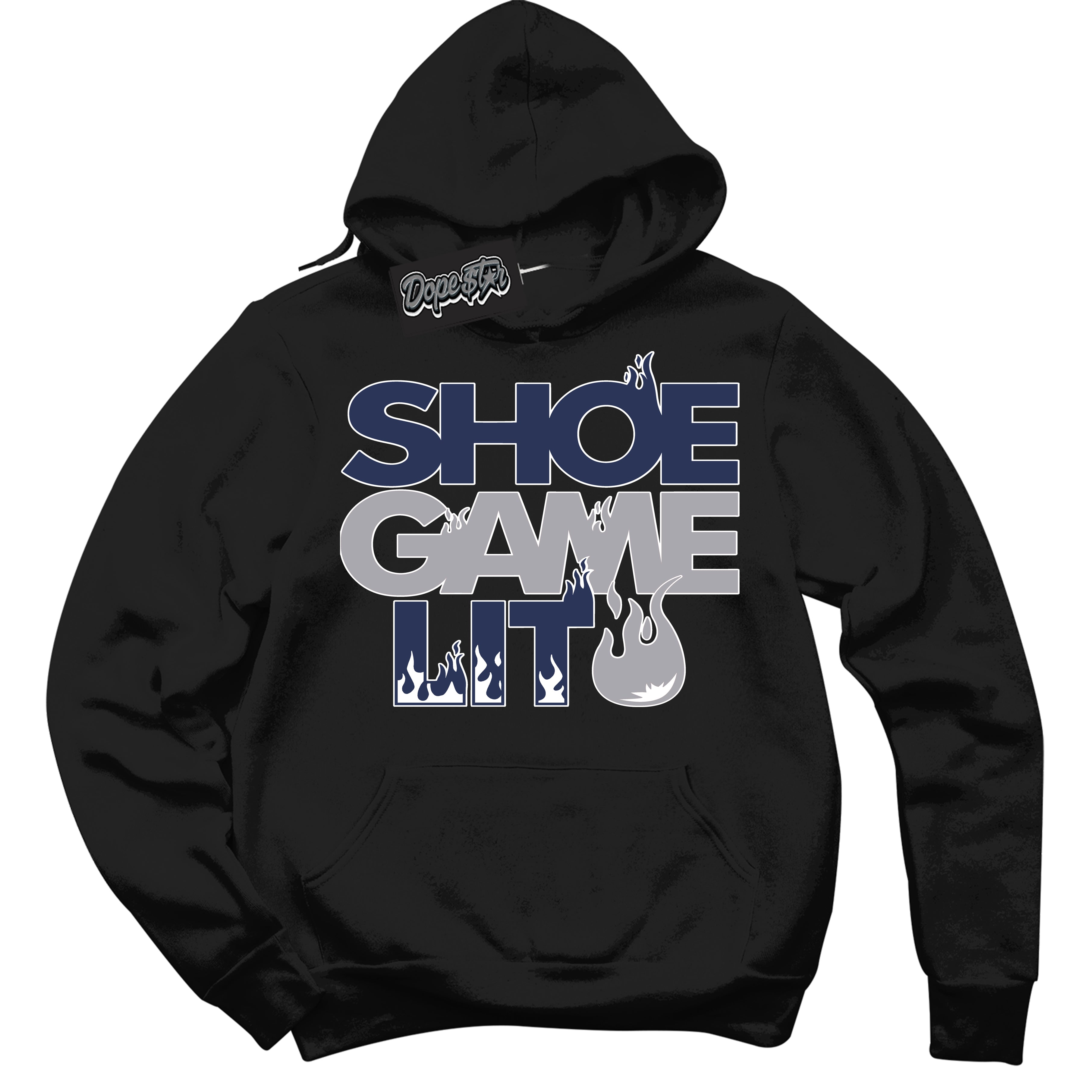 Cool Black Hoodie with “Shoe Game Lit” design that Perfectly Matches Wolf Grey Midnight Navy 1s Jordans.