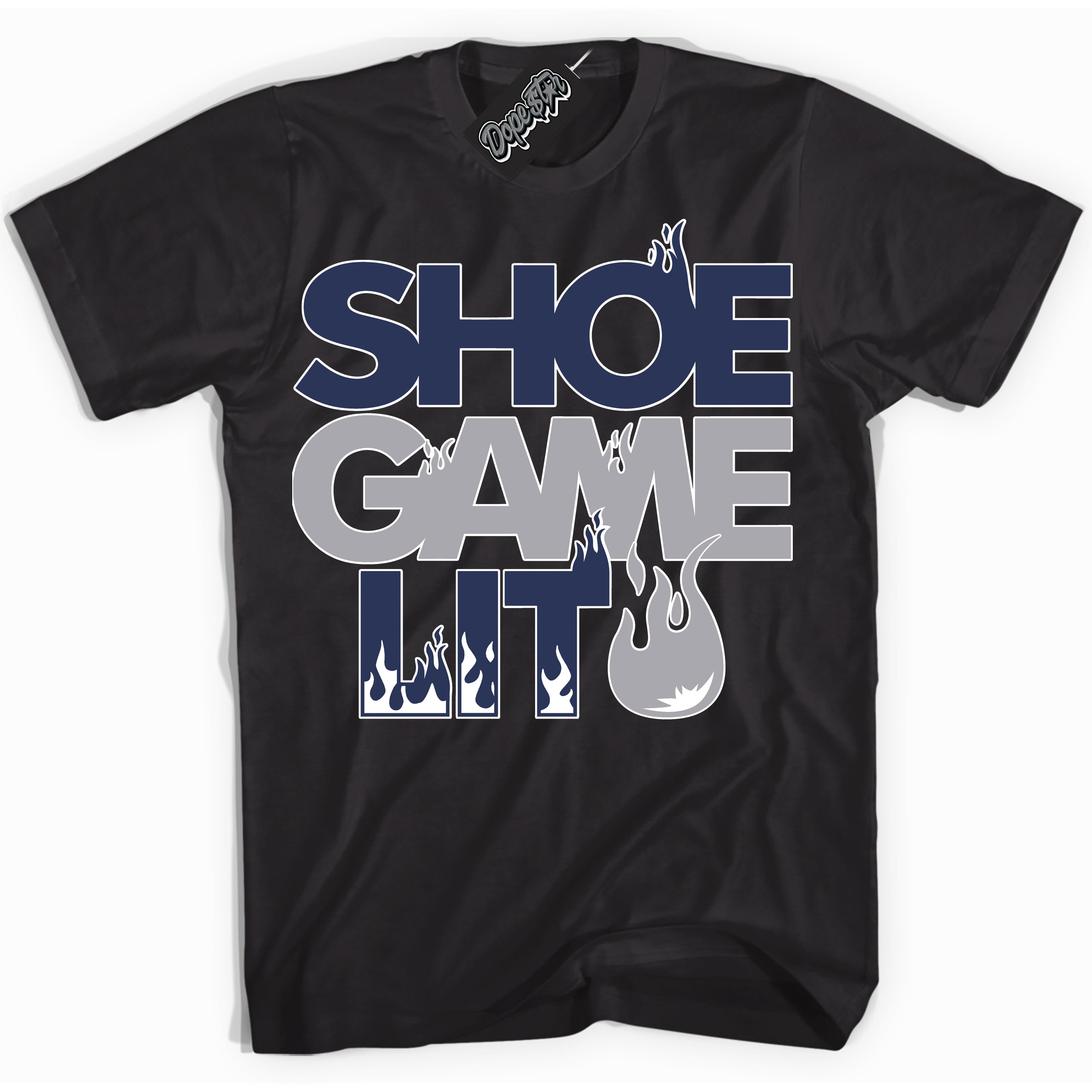 Cool Black Shirt with “Shoe Game Lit” design that perfectly matches the Wolf Grey Midnight Navy 1s Jordans.