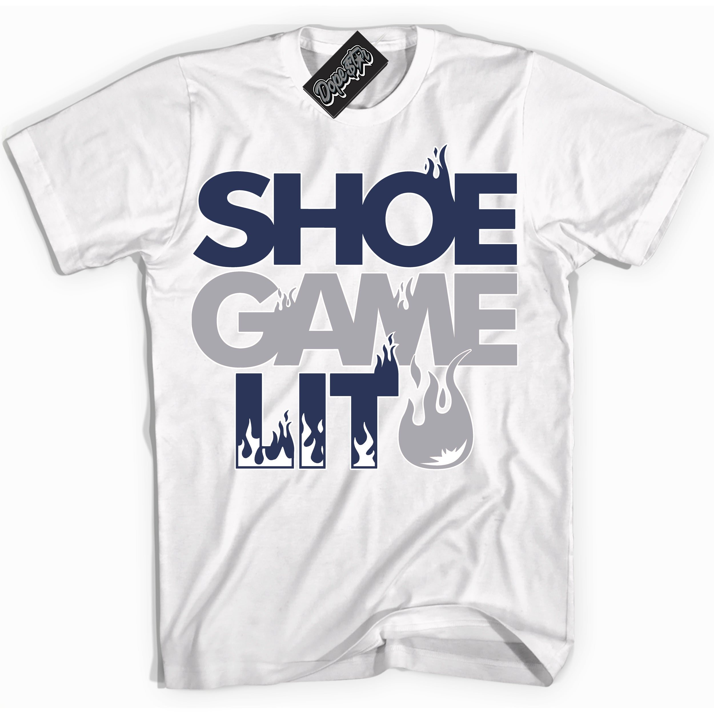 Cool White Shirt with “Shoe Game Lit” design that perfectly matches the Wolf Grey Midnight Navy 1s Jordans.