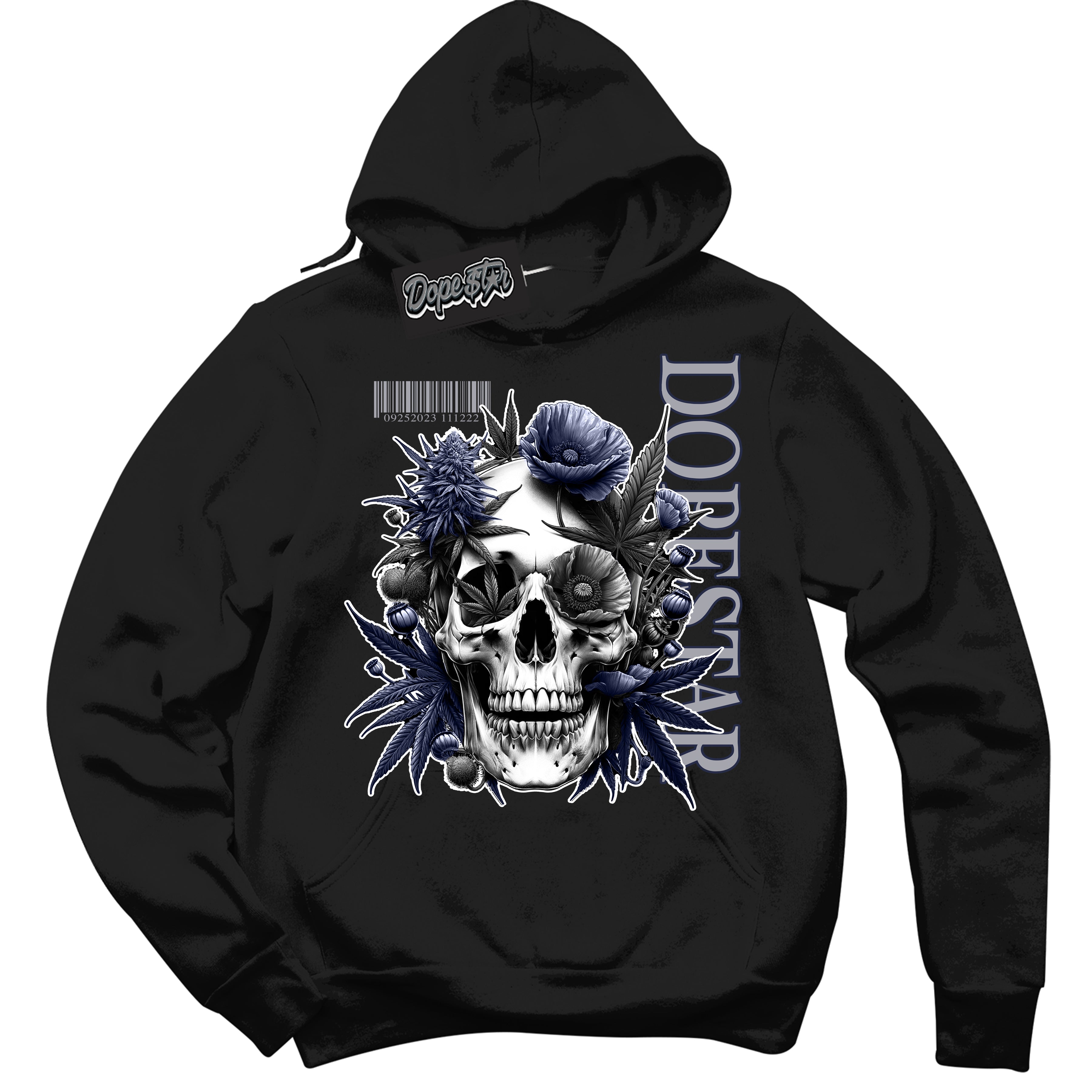 Cool Black Hoodie with “Skull Poppies” design that Perfectly Matches Wolf Grey Midnight Navy 1s Jordans.