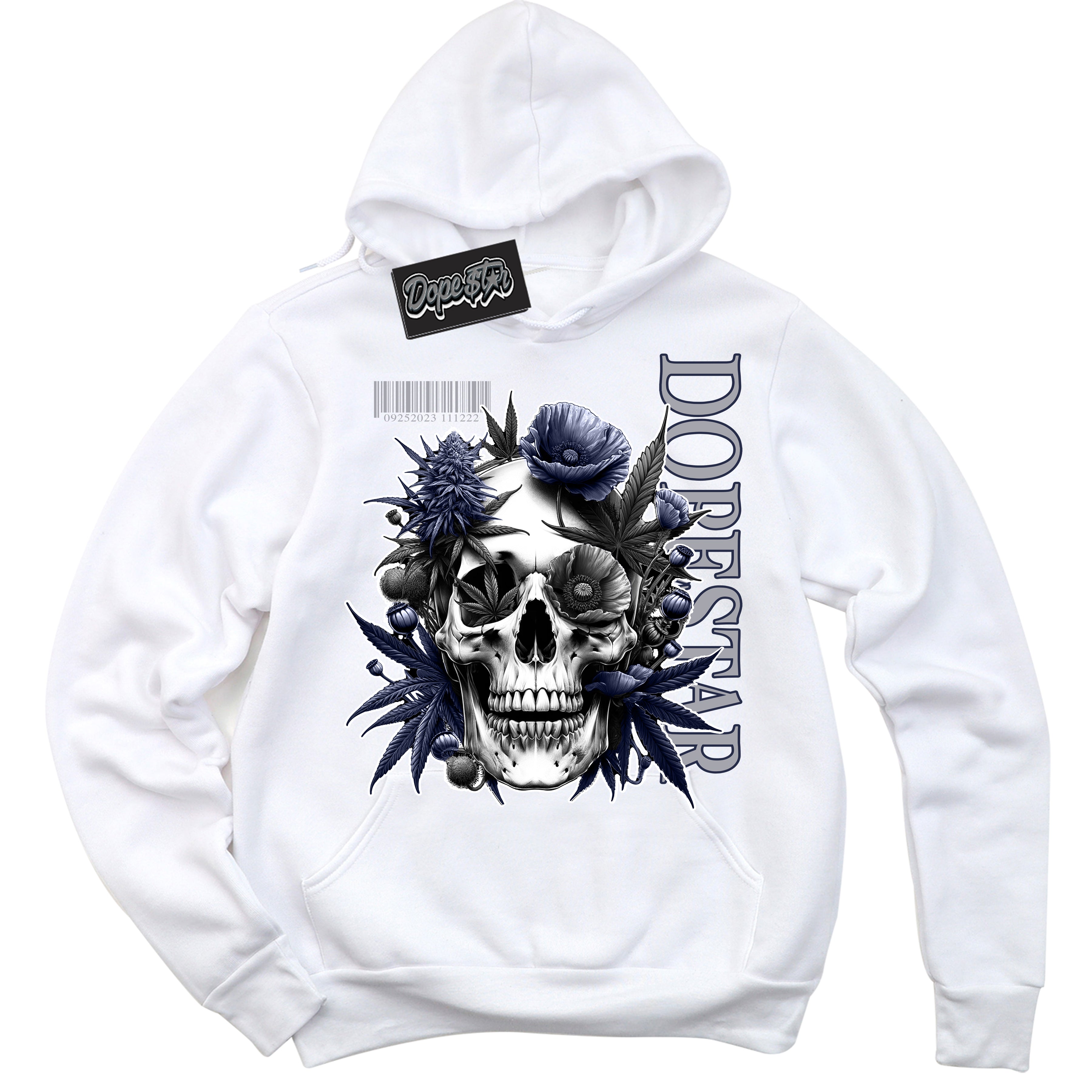 Cool White Hoodie with “Skull Poppies” design that Perfectly Matches Wolf Grey Midnight Navy 1s Jordans.