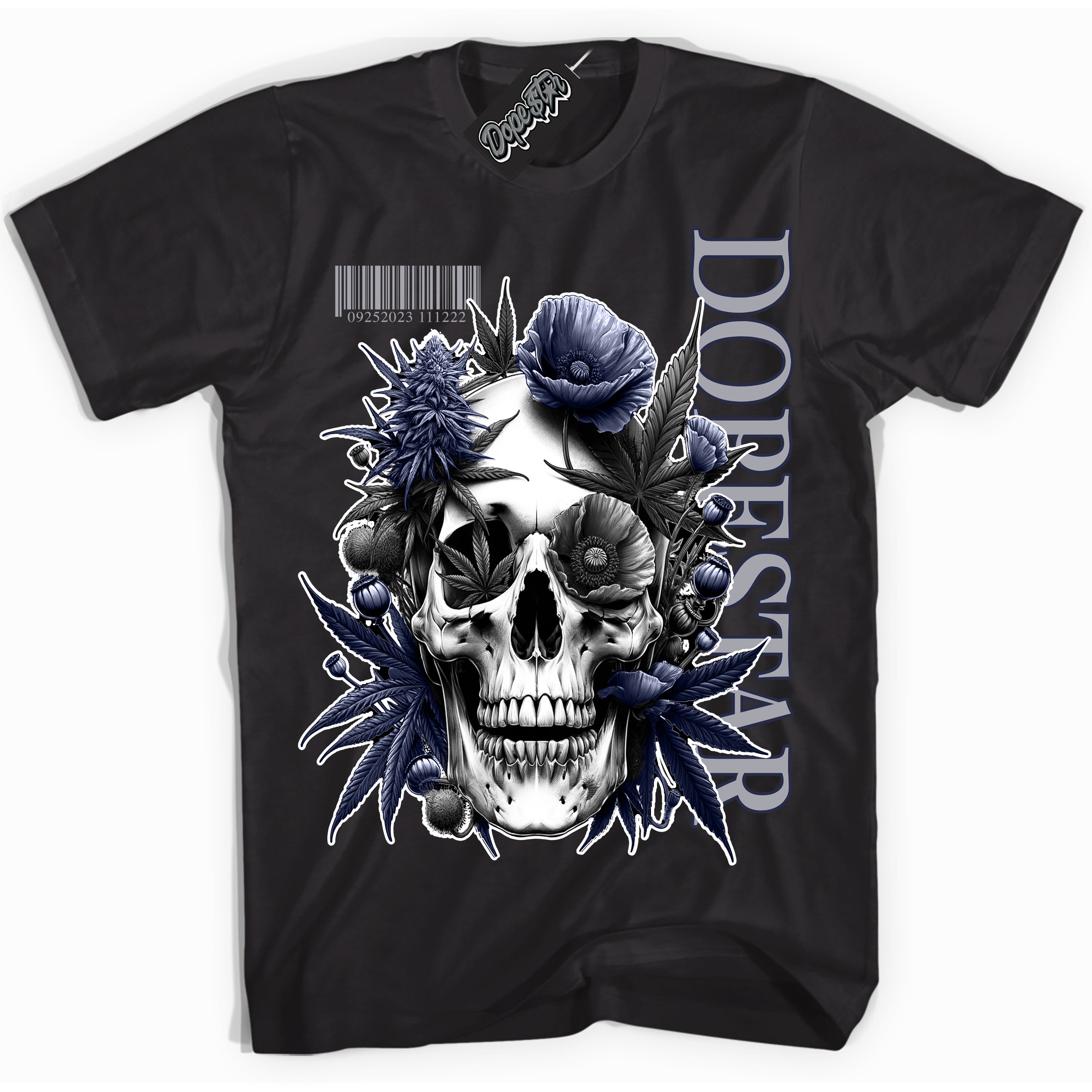 Cool Black Shirt with “Skull Poppies” design that perfectly matches the Wolf Grey Midnight Navy 1s Jordans.