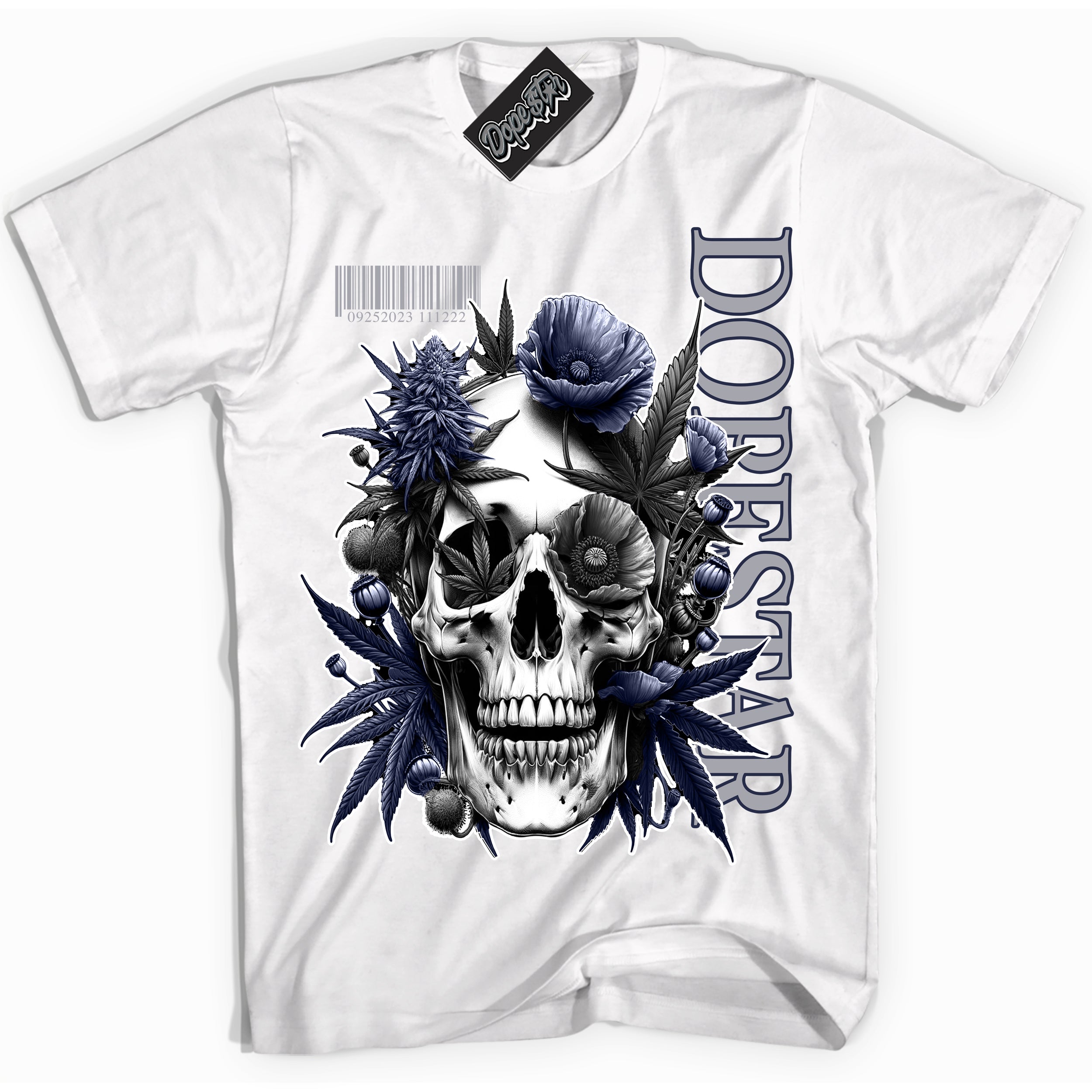 Cool White Shirt with “Skull Poppies” design that perfectly matches the Wolf Grey Midnight Navy 1s Jordans.