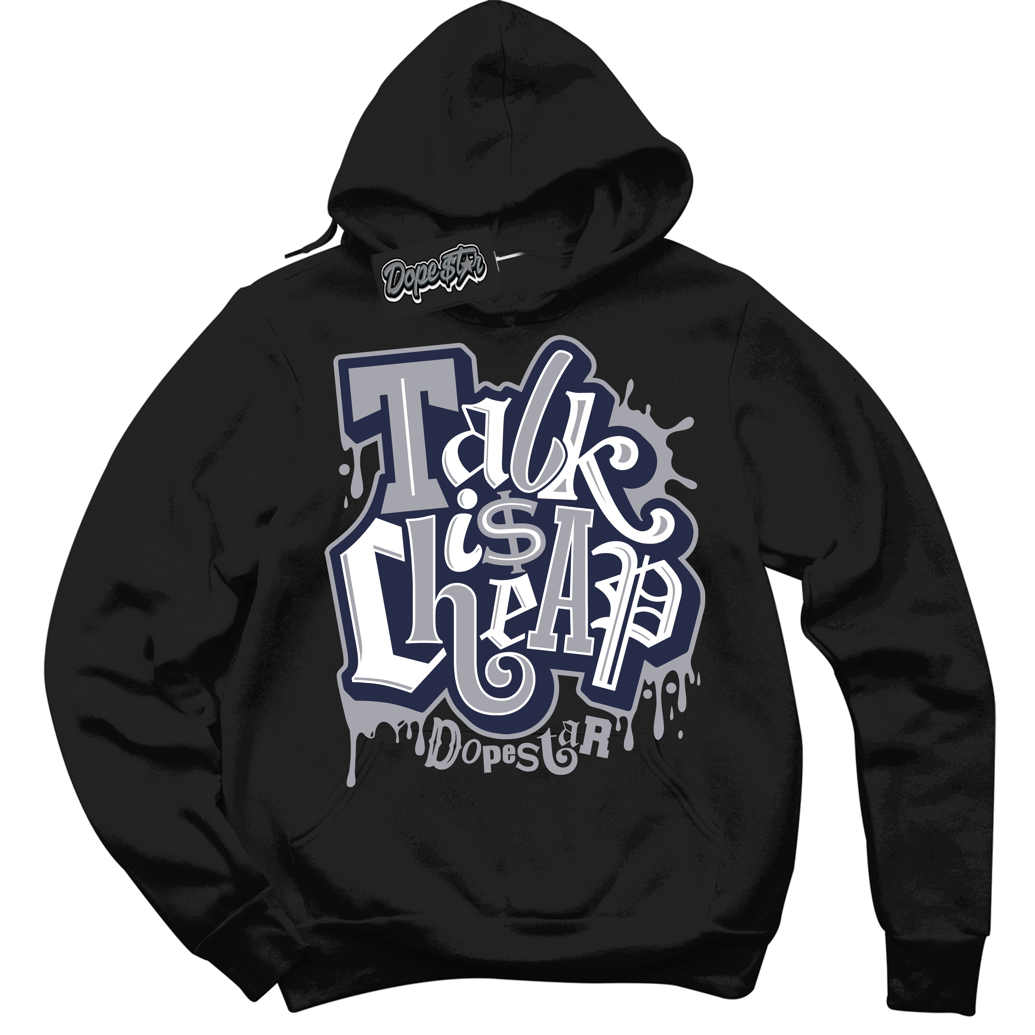 Cool Black Hoodie with “Talk Is Cheap” design that Perfectly Matches Wolf Grey Midnight Navy 1s Jordans.