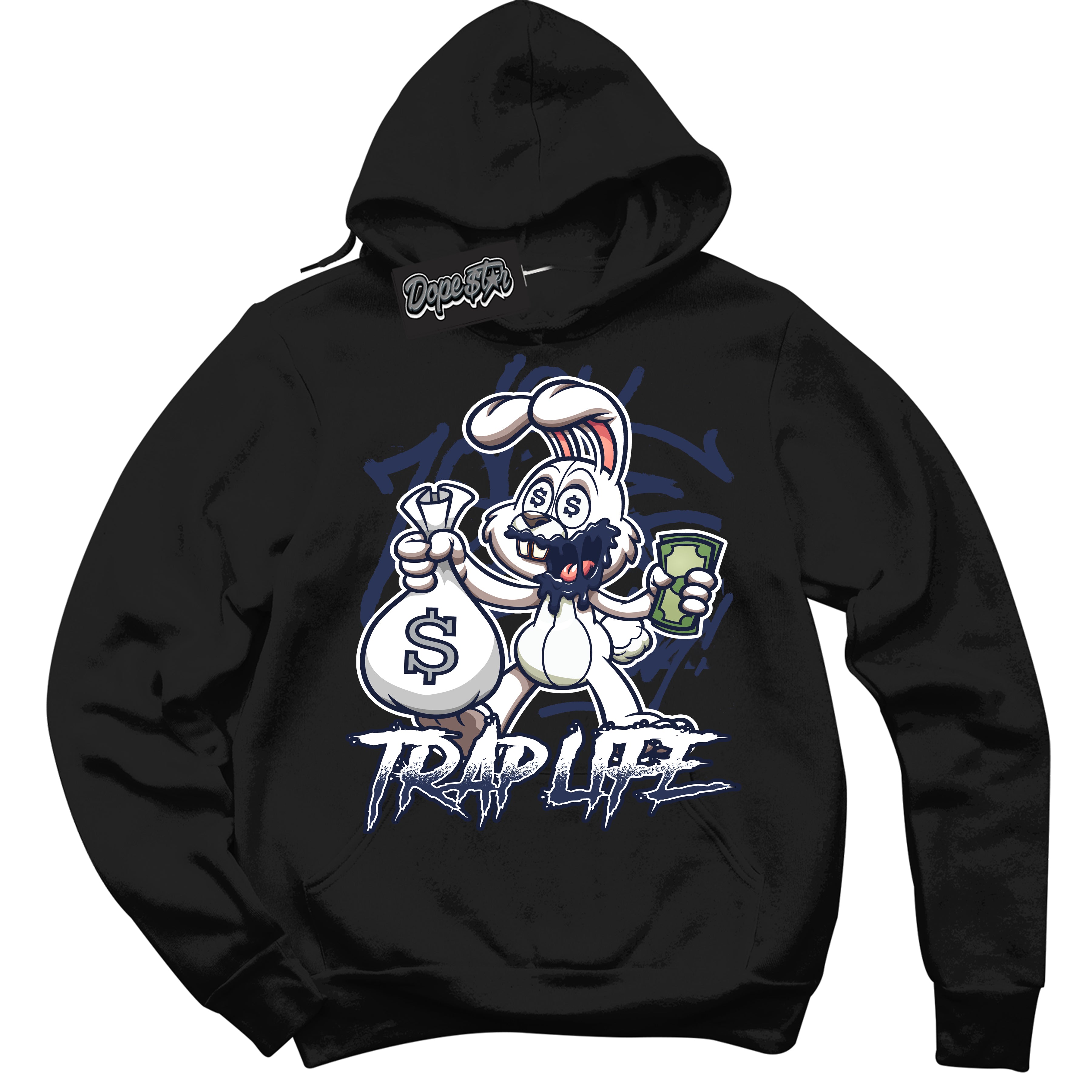 Cool Black Hoodie with “Trap Rabbit” design that Perfectly Matches Wolf Grey Midnight Navy 1s Jordans.