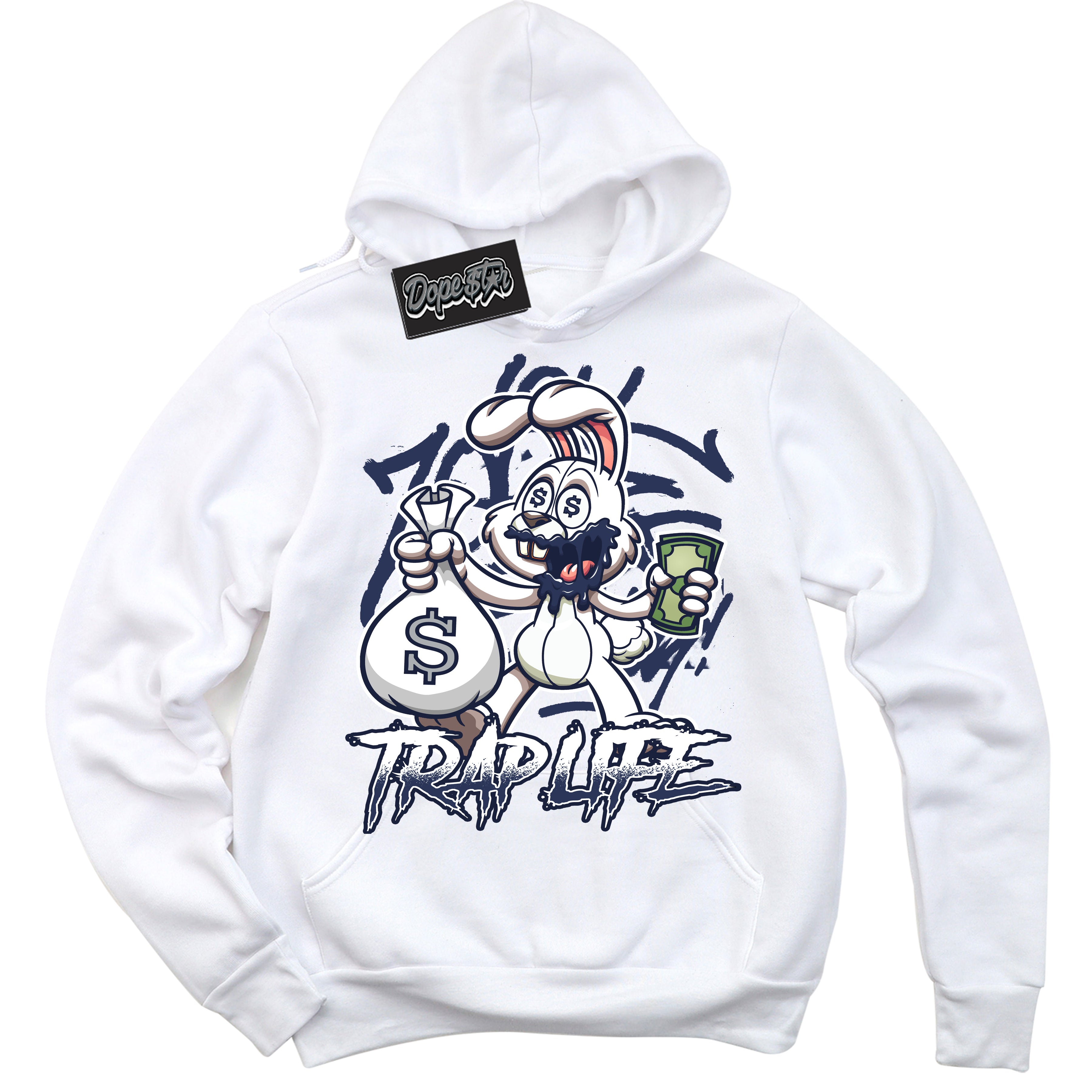 Cool White Hoodie with “Trap Rabbit” design that Perfectly Matches Wolf Grey Midnight Navy 1s Jordans.