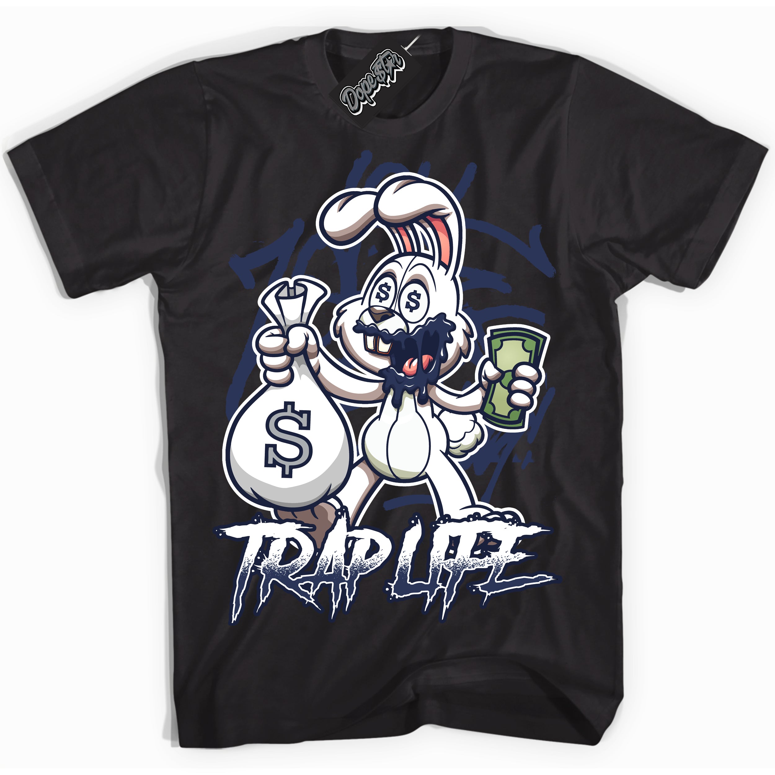 Cool Black Shirt with “Trap Rabbit” design that perfectly matches the Wolf Grey Midnight Navy 1s Jordans.