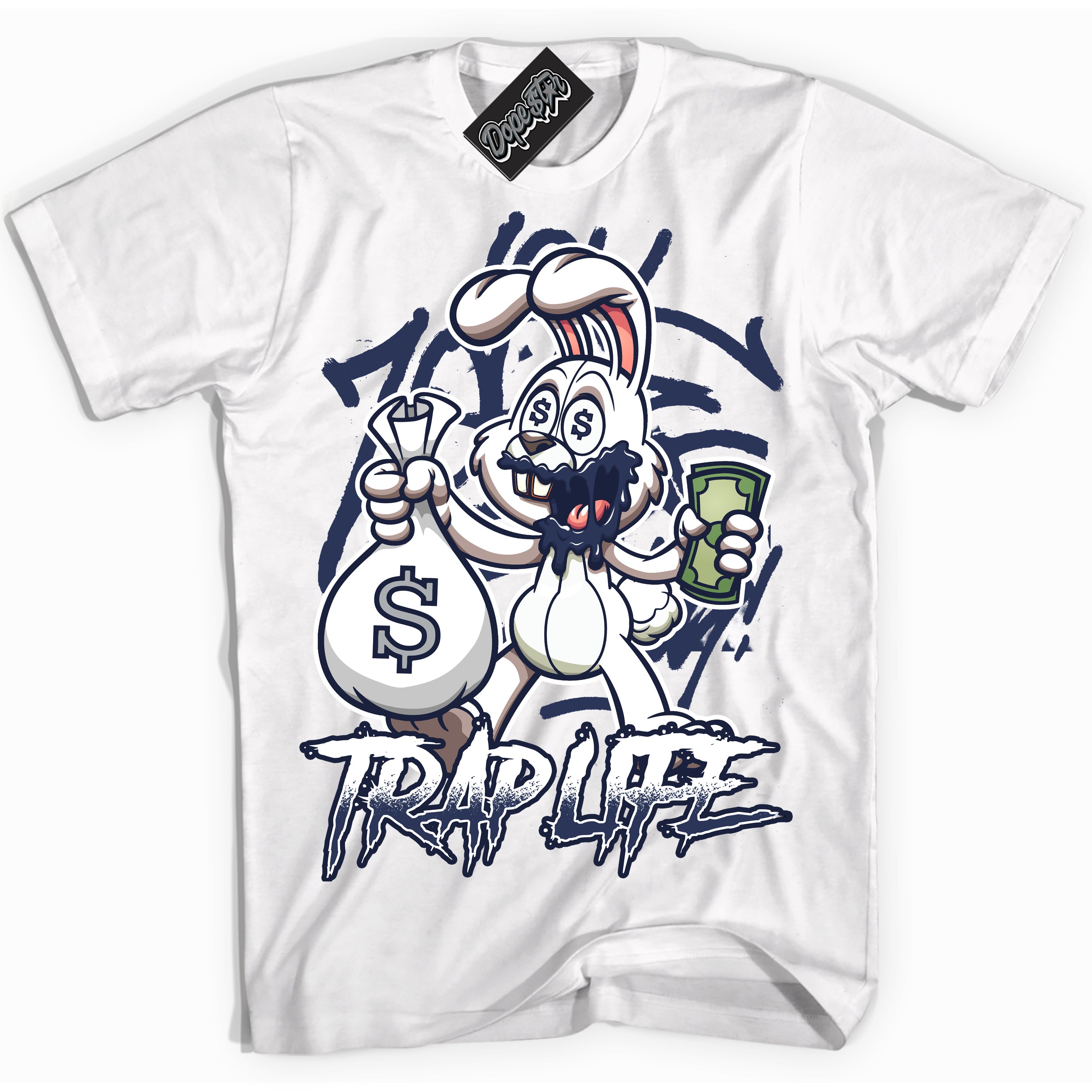 Cool White Shirt with “Trap Rabbit” design that perfectly matches the Wolf Grey Midnight Navy 1s Jordans.